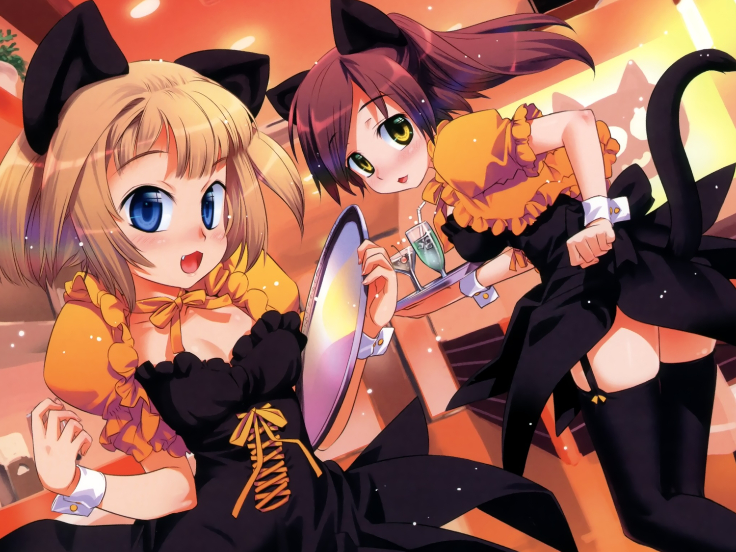 2girls, animal_ears, jpeg_artifacts, koume_keito, maid