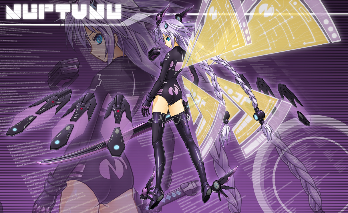 blue_eyes, bodysuit, braids, gloves, hyperdimension_neptunia, kokoa, long_hair, neptune, purple_hair, purple_heart, skintight, sword, thighhighs, weapon, wings, zoom_layer