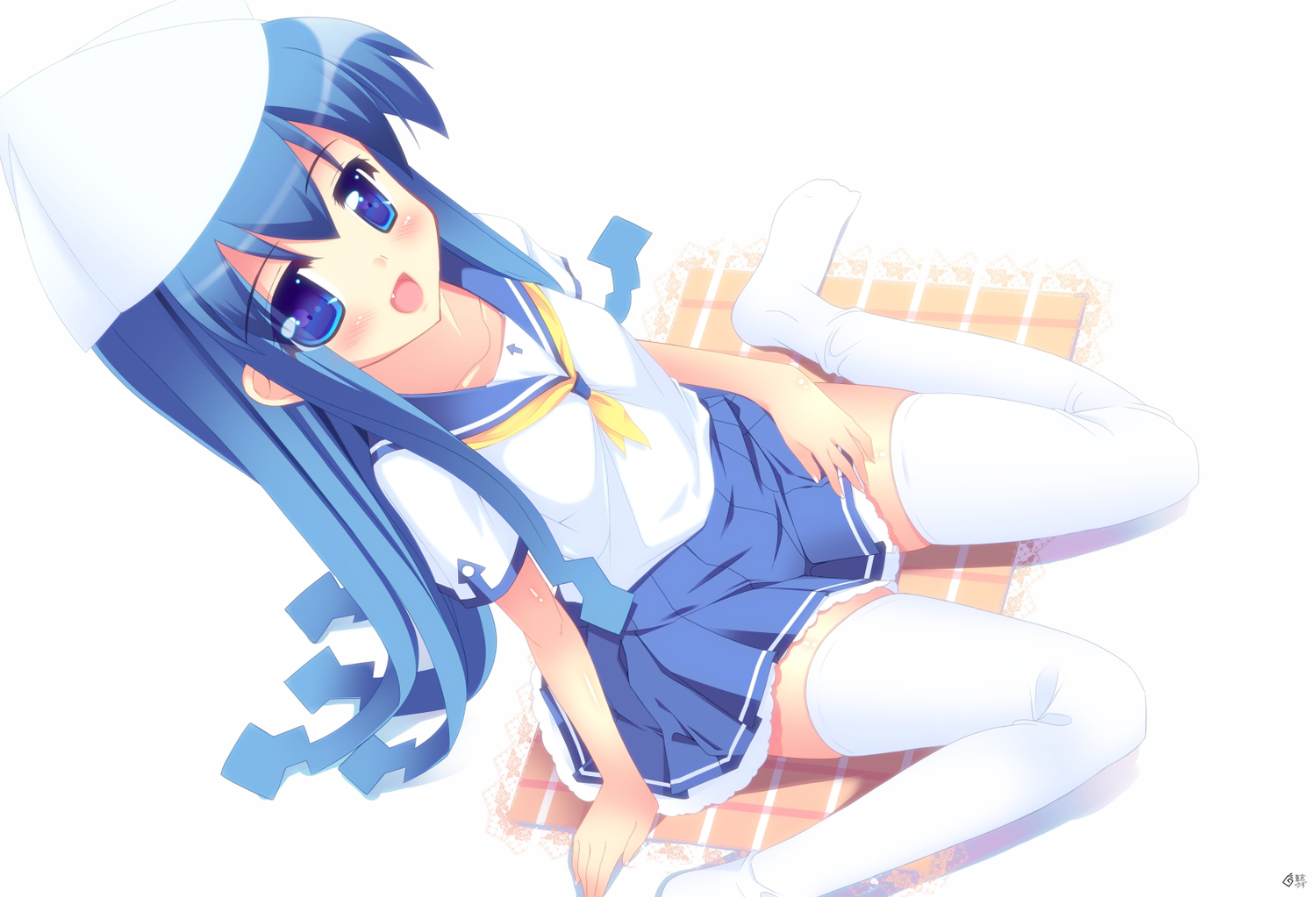 blue_eyes, blue_hair, blush, cosplay, fang, hat, ikamusume, loli