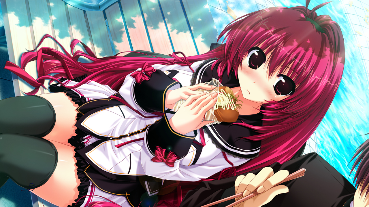 blush, clochette, food, game_cg, kamikaze_explorer, long_hair, oshiki_hitoshi, red_eyes