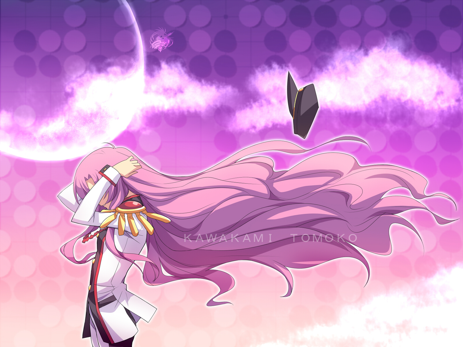 air, hat, kawakami_tomoko, long_hair, parody, pink_hair, revolutionary_girl_utena, school_uniform