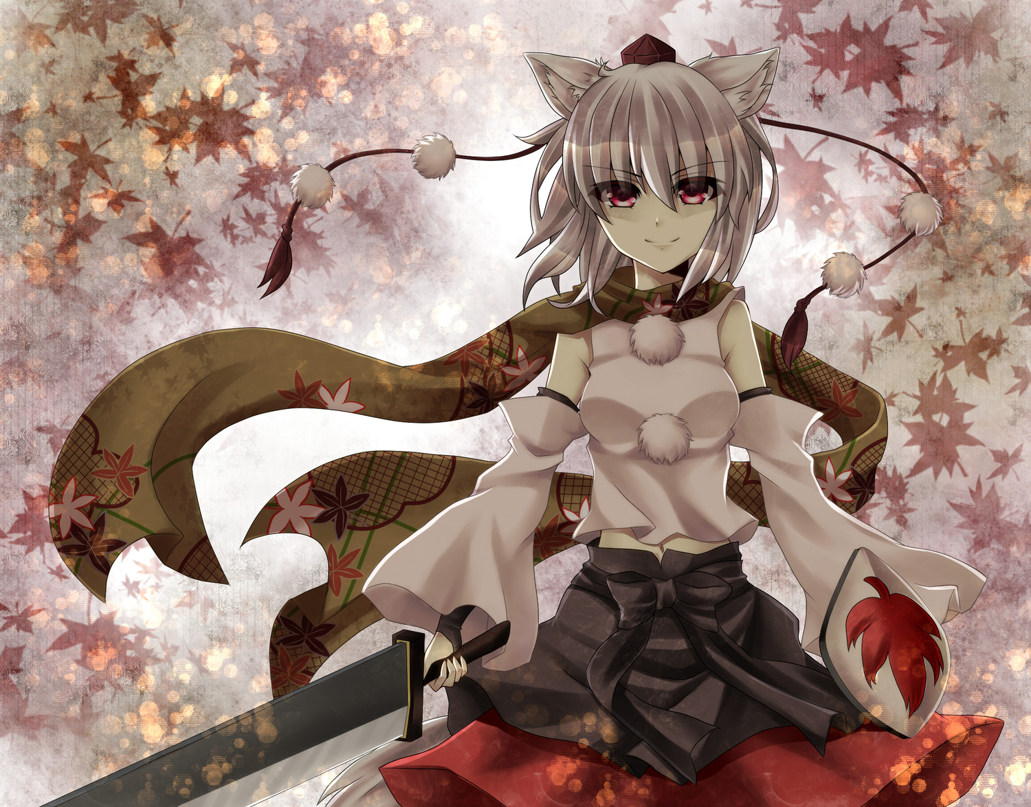animal_ears, ikeda_hazuki, inubashiri_momiji, red_eyes, scarf, sword, touhou, weapon, wolfgirl
