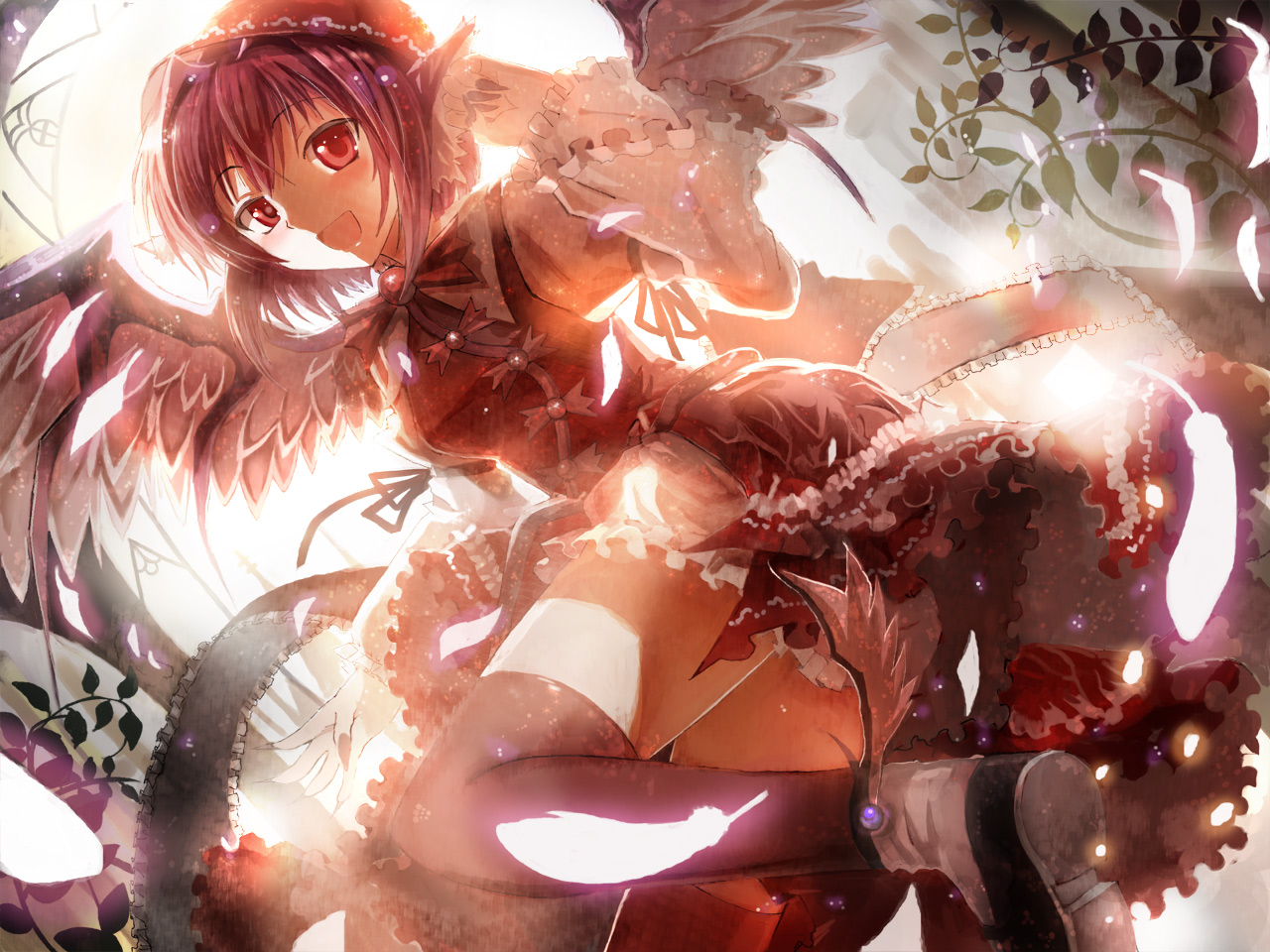 animal_ears, blush, bow, dress, feathers, hat, mystia_lorelei, pink_hair, red_eyes, thighhighs, touhou, ultimate_asuka, wings