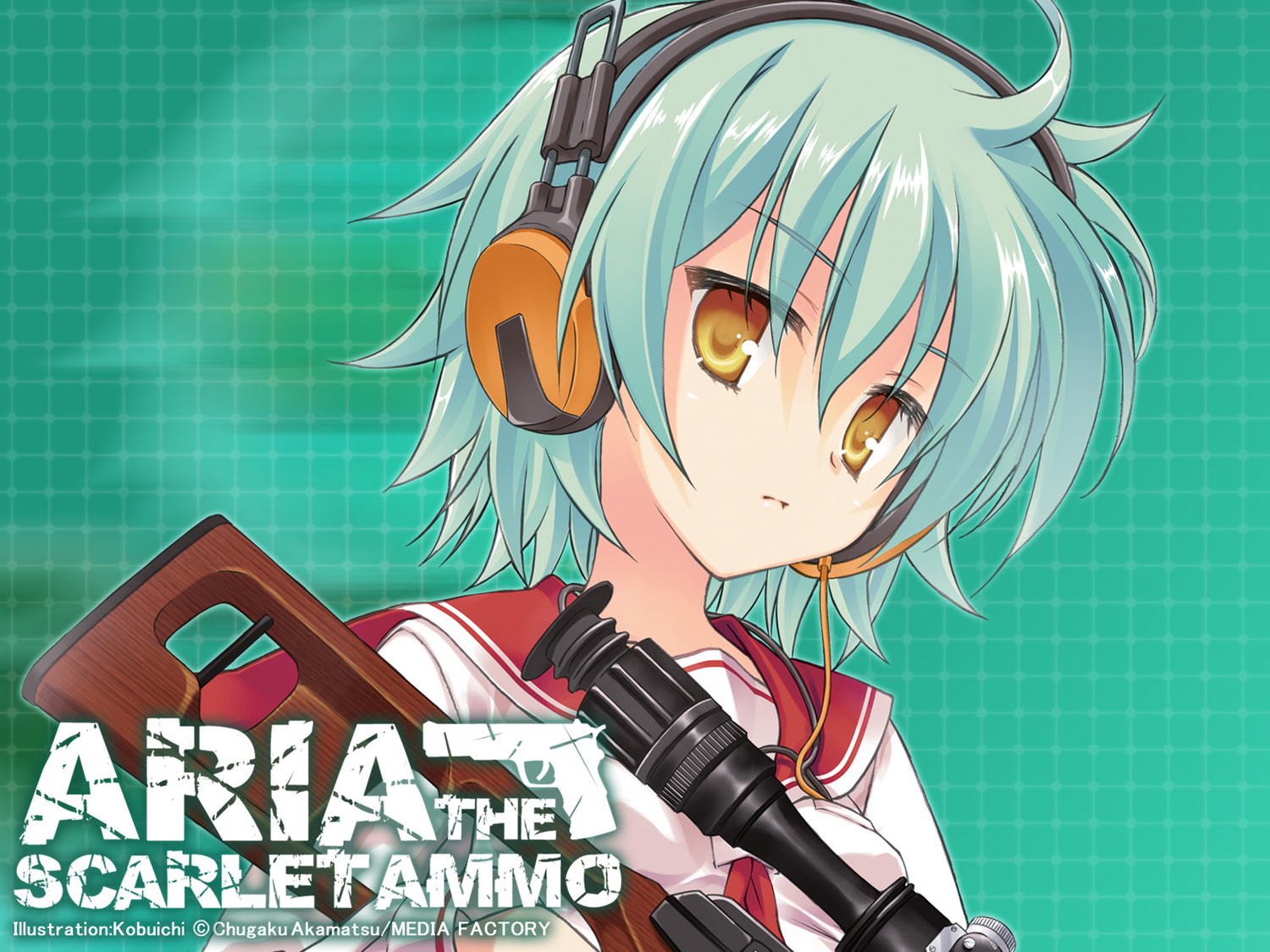 aqua_hair, gun, headphones, hidan_no_aria, reki_(hidan_no_aria), short_hair, weapon, yellow_eyes