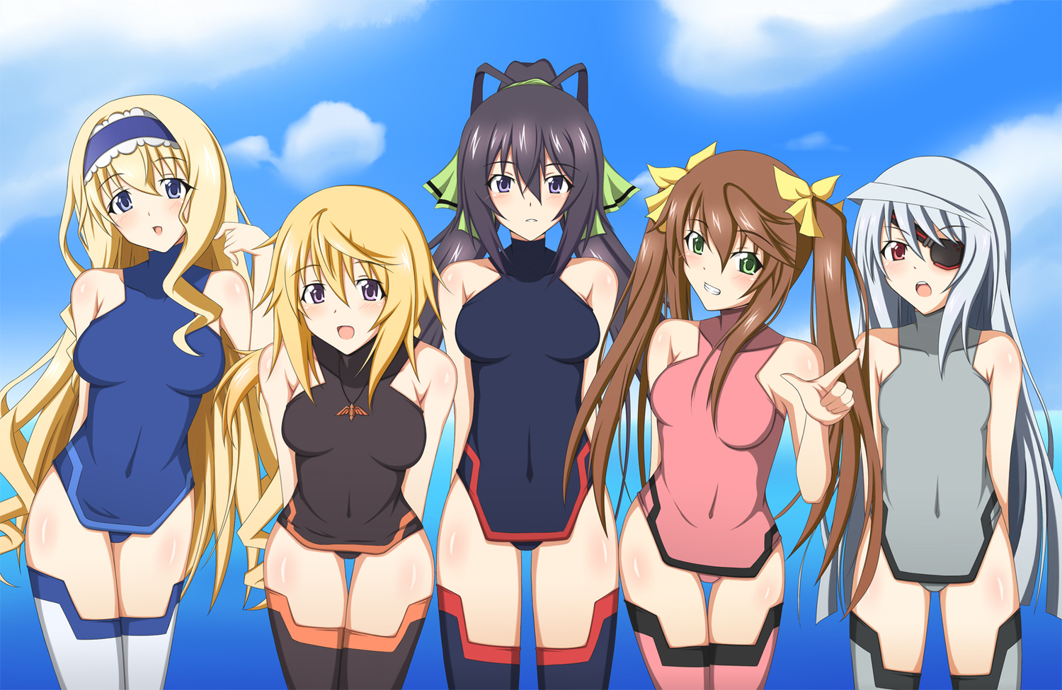 asakura_nagi, black_hair, blonde_hair, brown_hair, cecilia_alcott, charlotte_dunois, eyepatch, fang_linyin, gray_hair, group, infinite_stratos, laura_bodewig, shinonono_houki, thighhighs