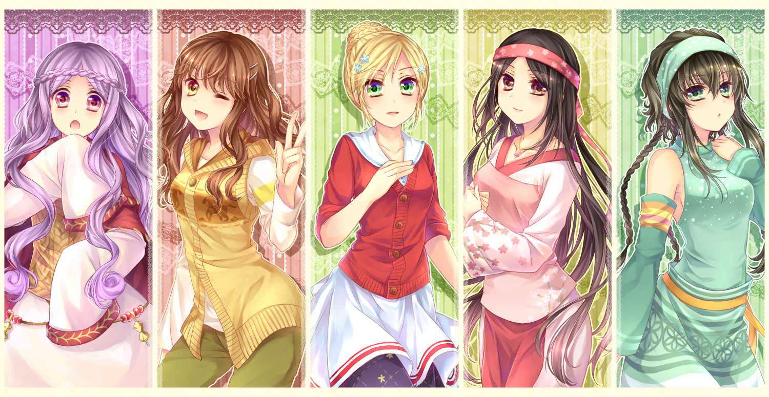 blonde_hair, bokujou_monogatari, braids, brown_eyes, brown_hair, dress, green_eyes, group, headband, japanese_clothes, kimono, long_hair, pink_eyes, purple_hair, short_hair, tagme, wink, yellow_eyes