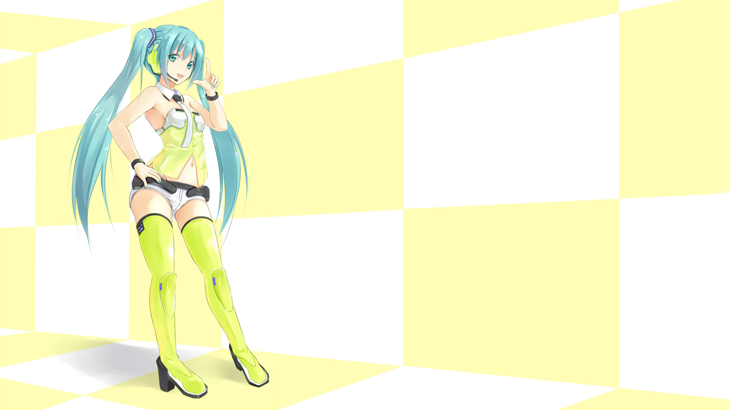aqua_eyes, aqua_hair, boots, collar, hatsune_miku, jpeg_artifacts, konimaru, long_hair, project_diva, vocaloid, yellow_(vocaloid)