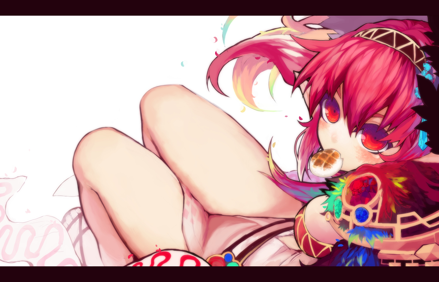 breasts, cleavage, food, goose_h, ragnarok_online, red_eyes, red_hair, sorcerer_(ragnarok_online)
