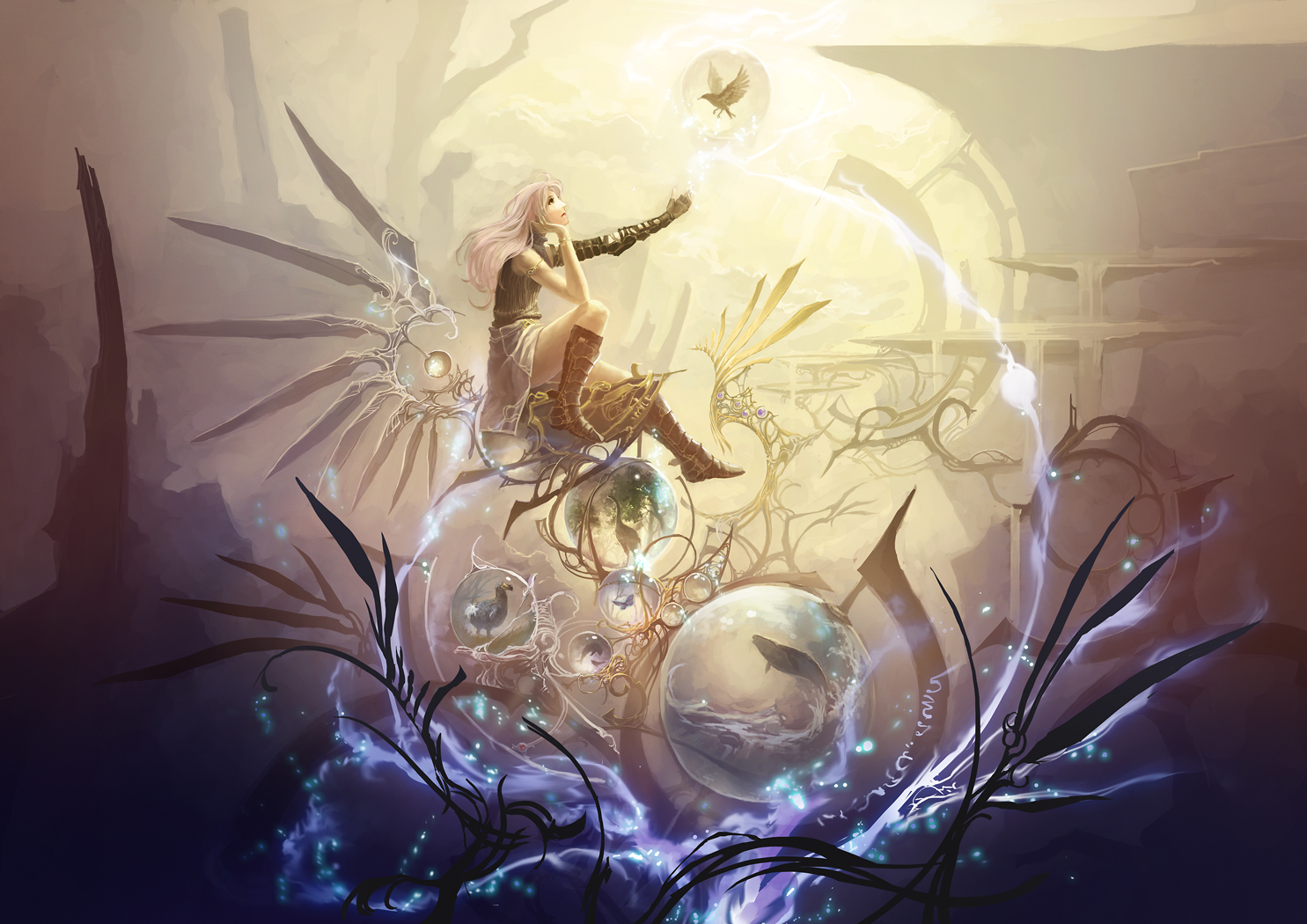 animal, armor, bird, fish, original, pink_hair, yuu_(ytkn)