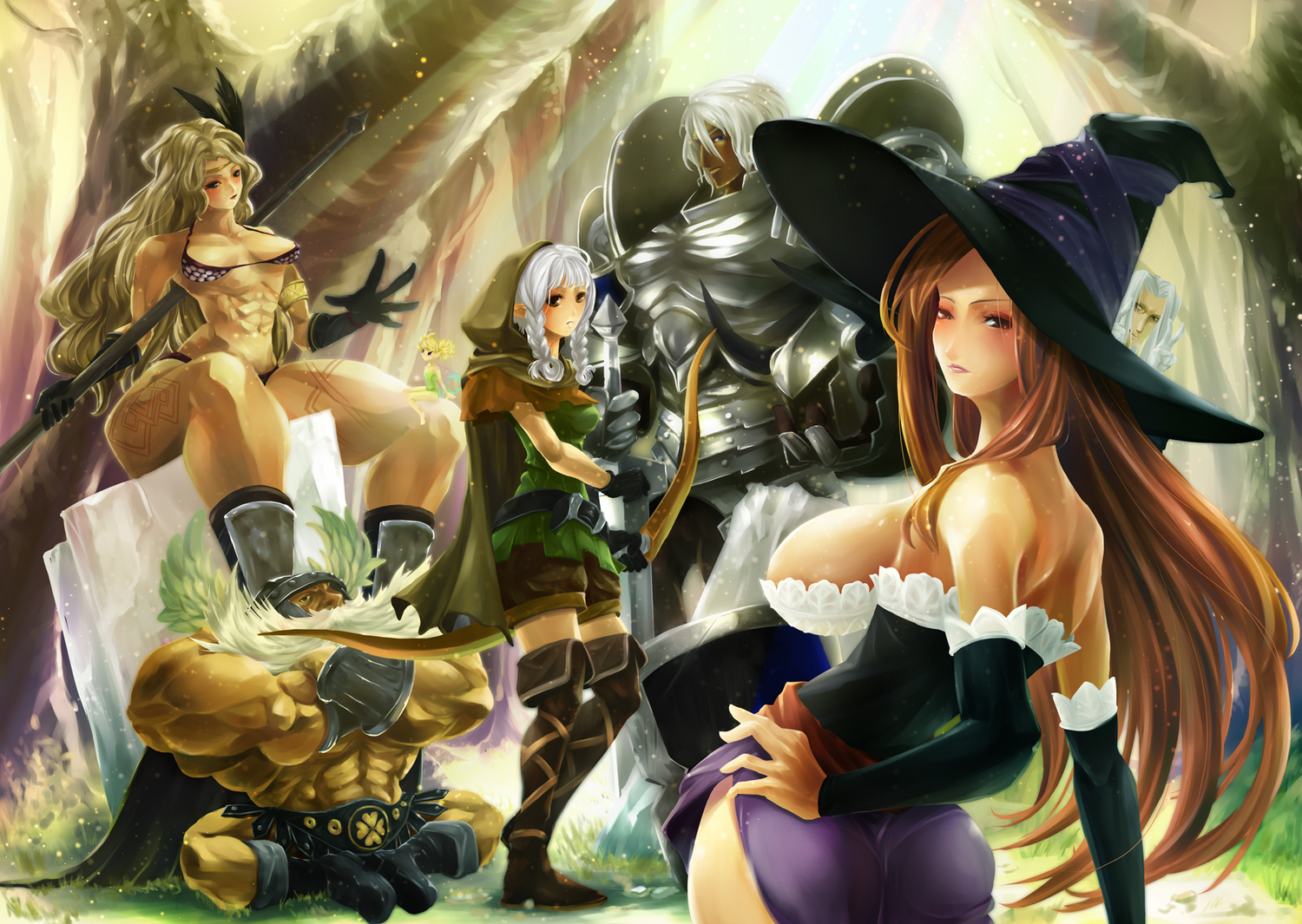 amazon_(dragon's_crown), armor, boots, breasts, cleavage, dragon's_crown, elf_(dragon's_crown), hat, long_hair, palch, pointed_ears, sorceress_(dragon's_crown), thighhighs