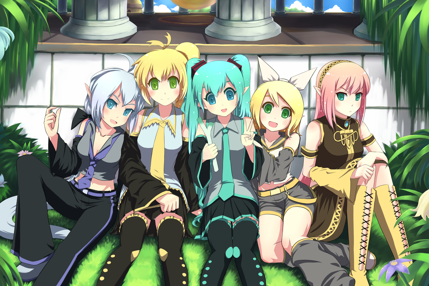 akita_neru, group, hatsune_miku, kagamine_rin, megurine_luka, parody, pointed_ears, senba_hikari, vocaloid, yowane_haku