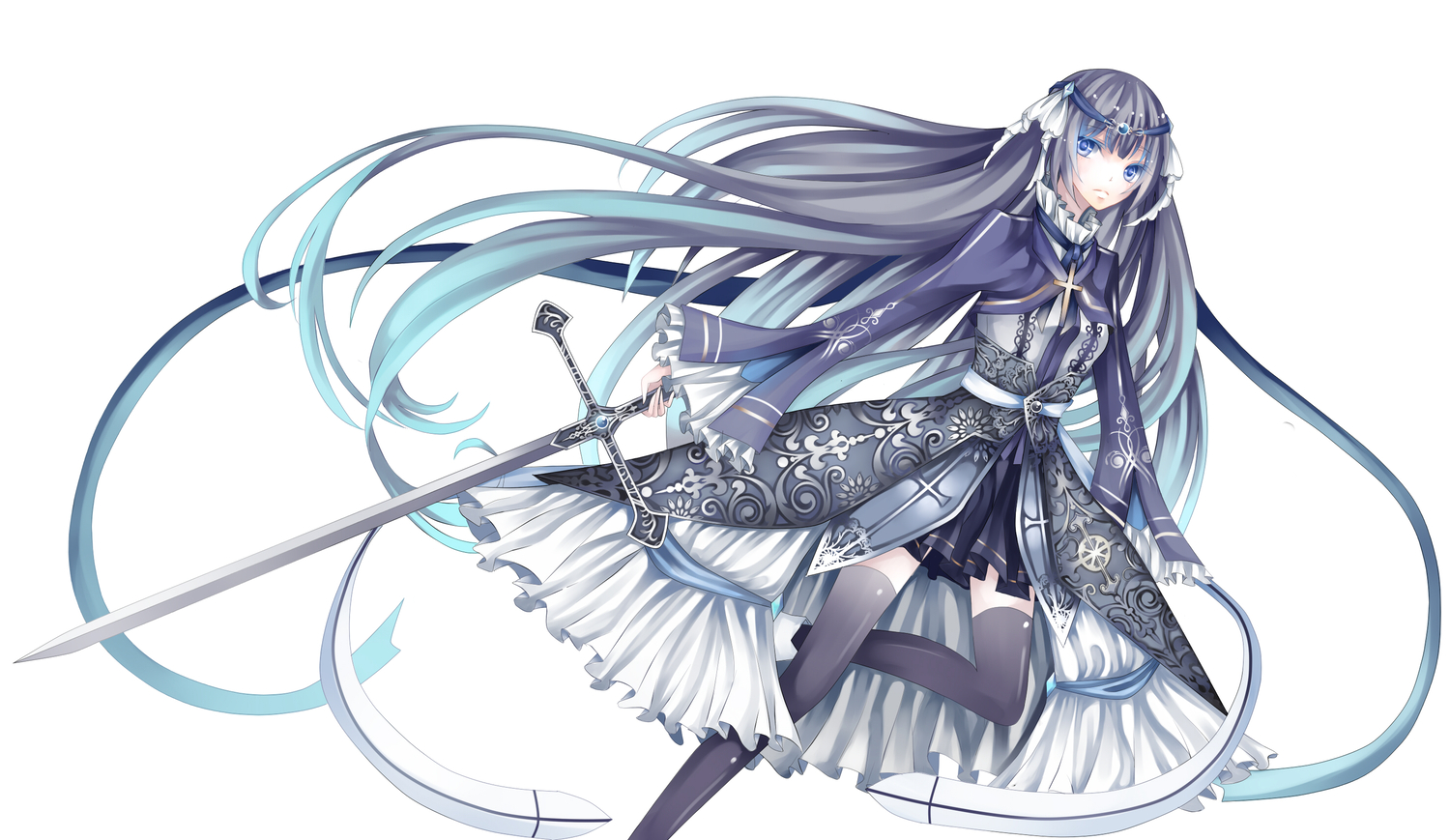dress, long_hair, original, stari, sword, thighhighs, weapon