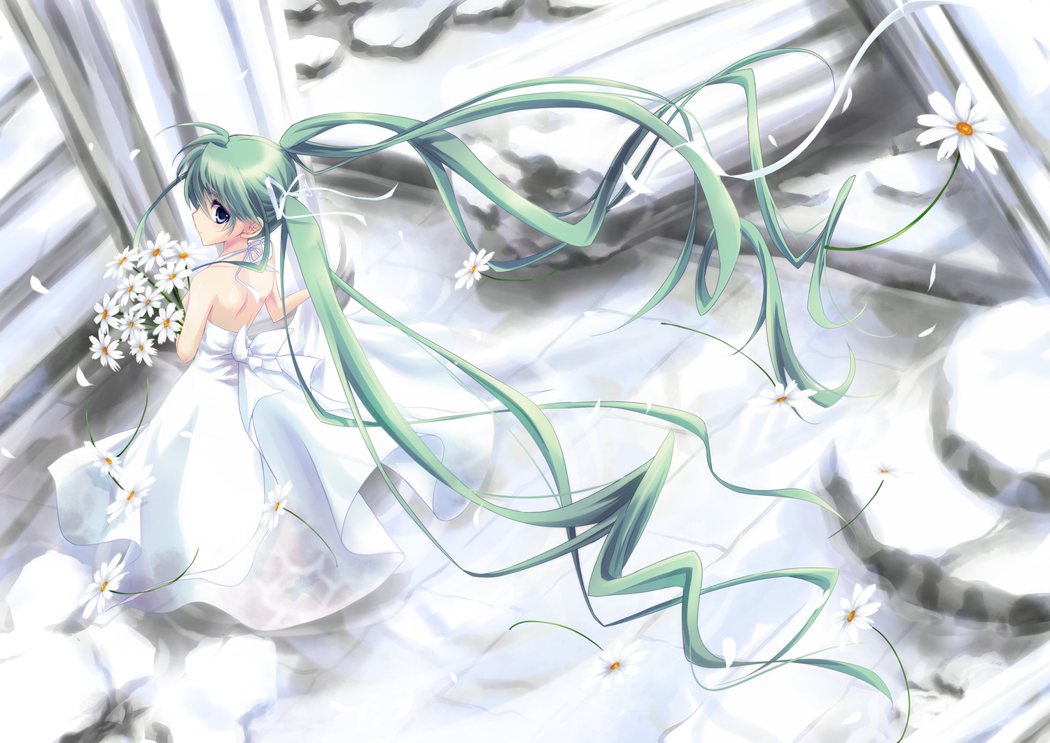 blue_eyes, bow, dress, flowers, green_hair, long_hair, miyako910724, original, petals, ribbons, twintails