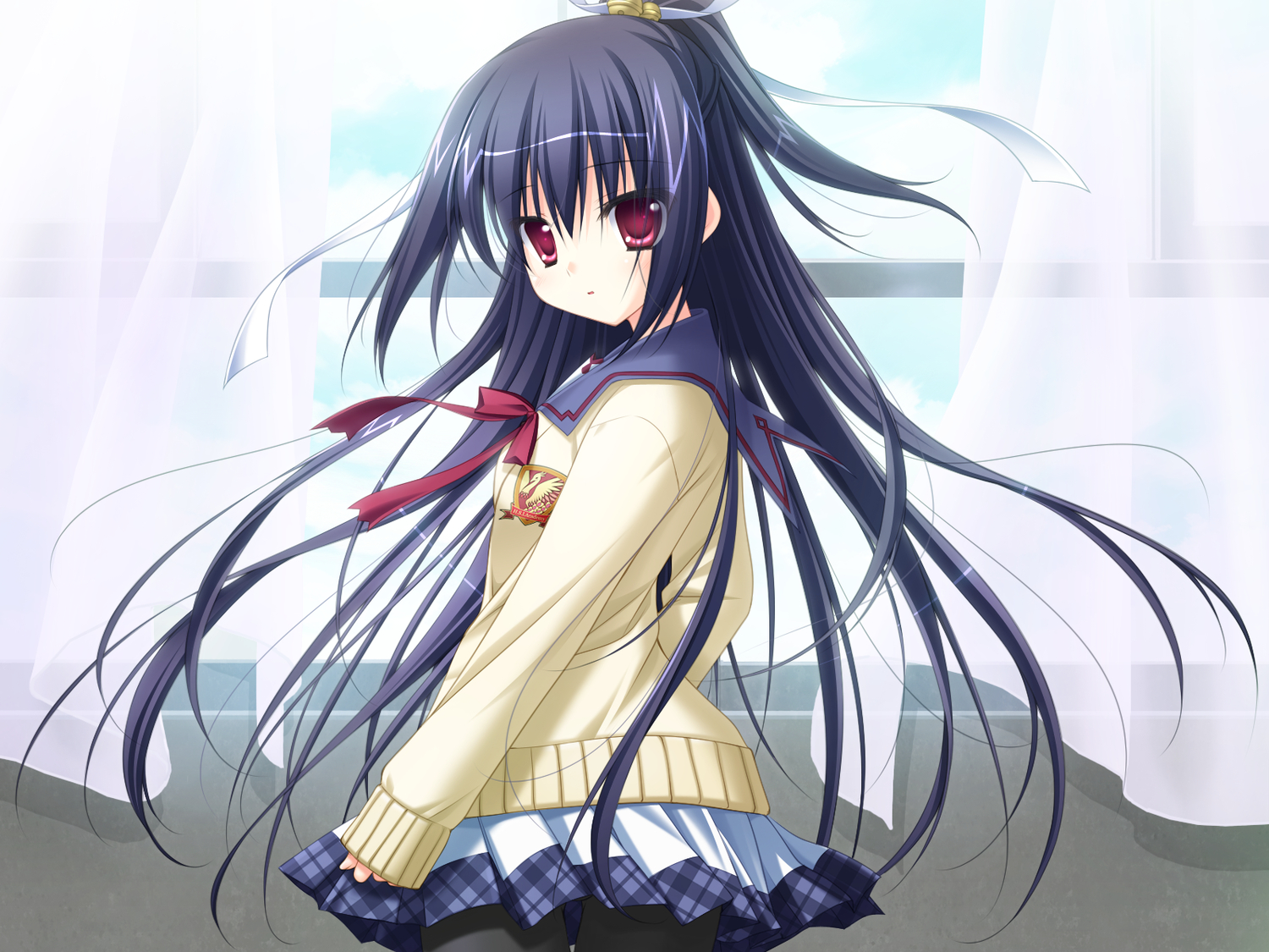 black_hair, chikotam, derivara!, game_cg, long_hair, mikogami_mikoto, pantyhose, red_eyes, school_uniform