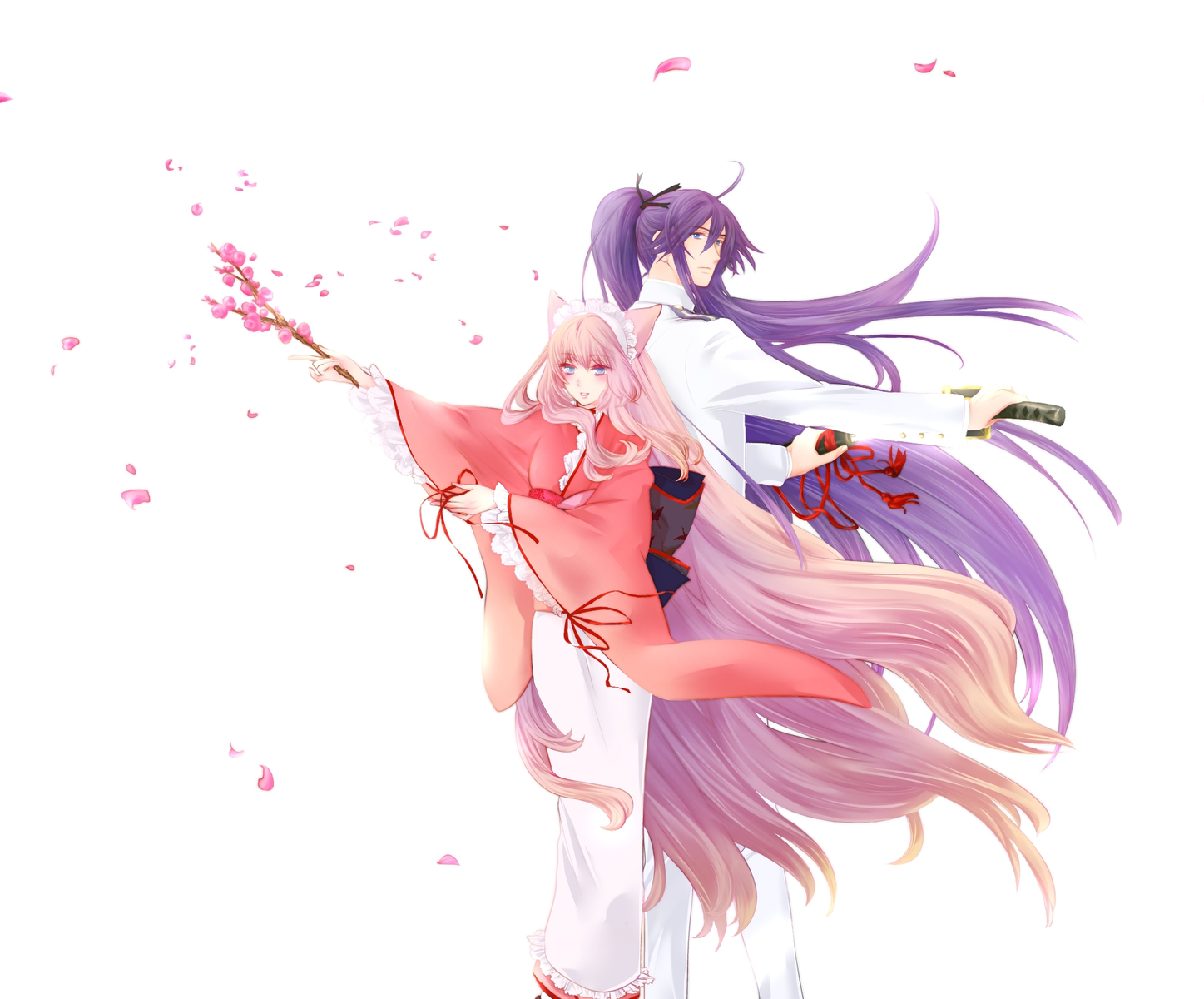 animal_ears, blue_hair, cherry_blossoms, flowers, japanese_clothes, kamui_gakupo, male, megurine_luka, otome_youkai_zakuro, pink_hair, vocaloid