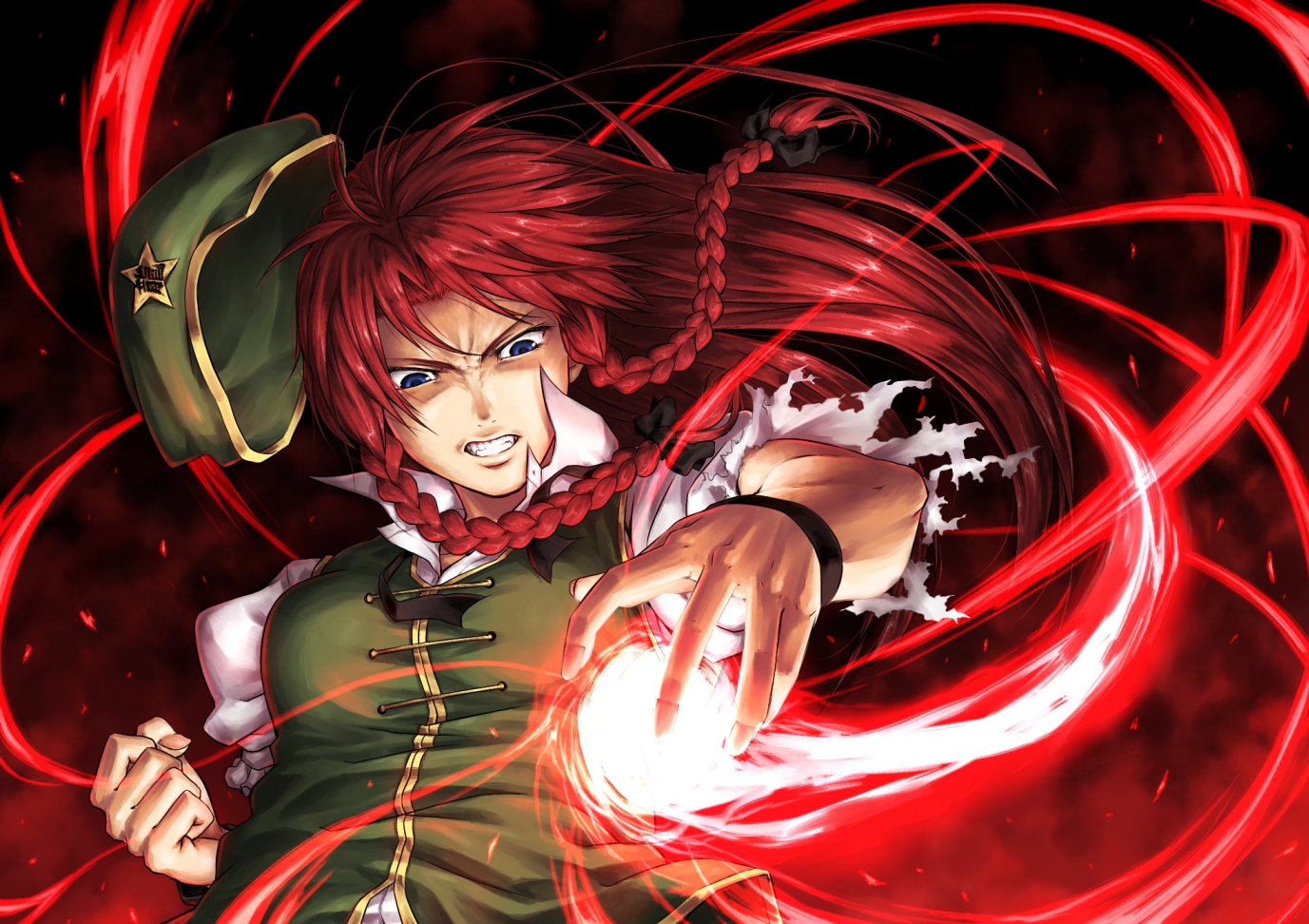 blue_eyes, braids, hat, hong_meiling, long_hair, red_hair, tatsuya, touhou