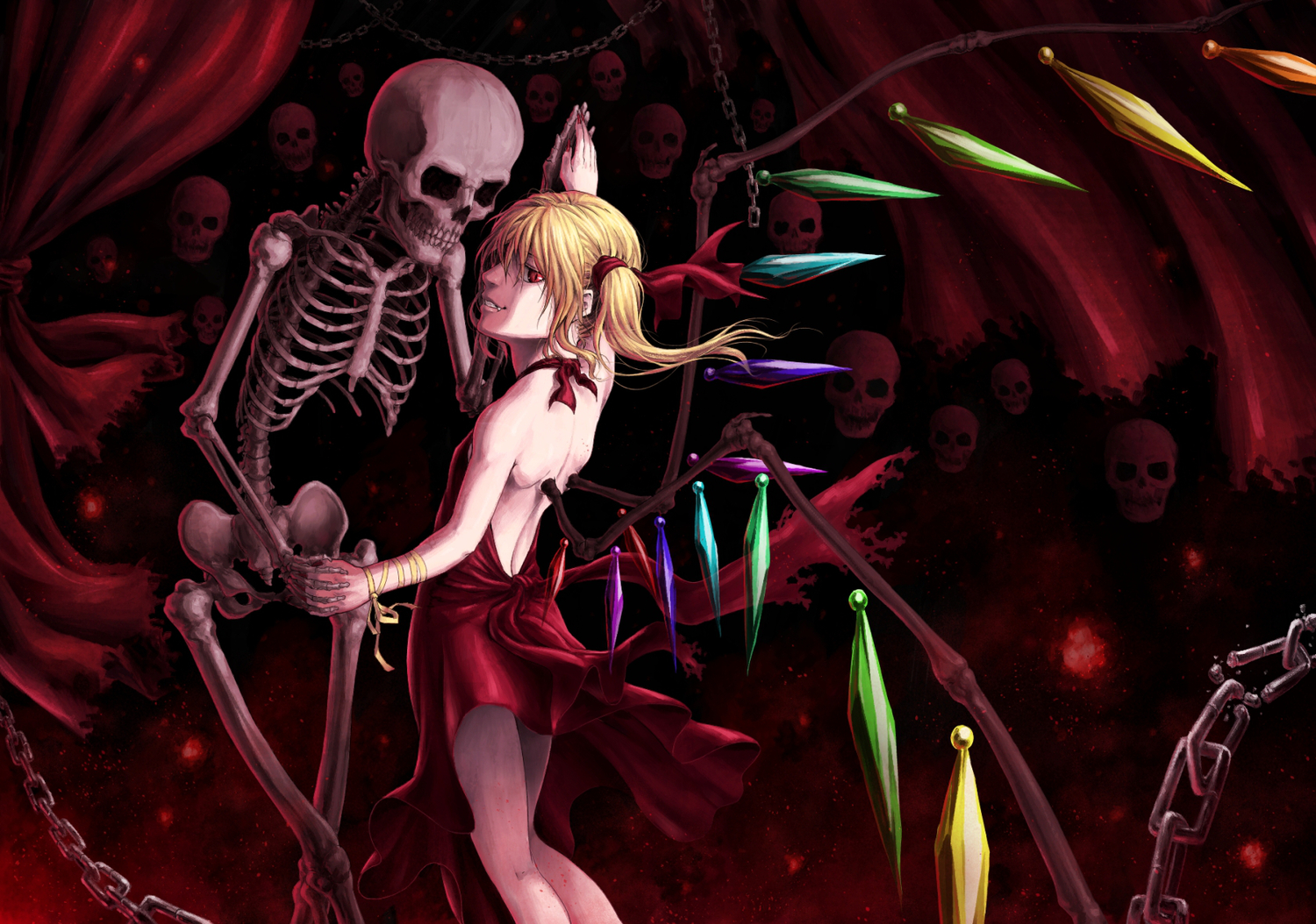 blonde_hair, dress, flandre_scarlet, red_eyes, skull, tatsuya, touhou, vampire, wings