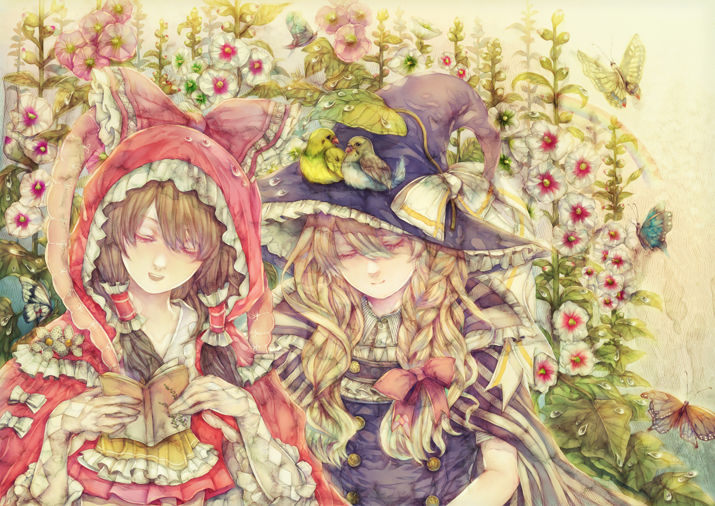 2girls, animal, bird, book, butterfly, flowers, hakurei_reimu, hood