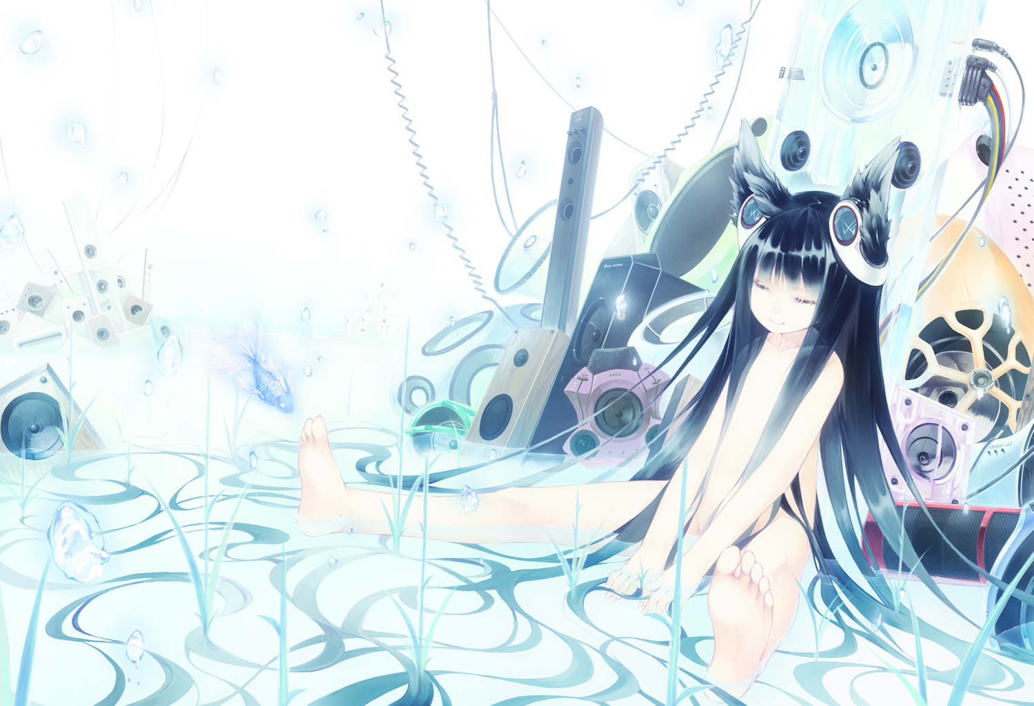 animal_ears, barefoot, blue_hair, itsuwa_(lethal-kemomimi), long_hair, nude, original