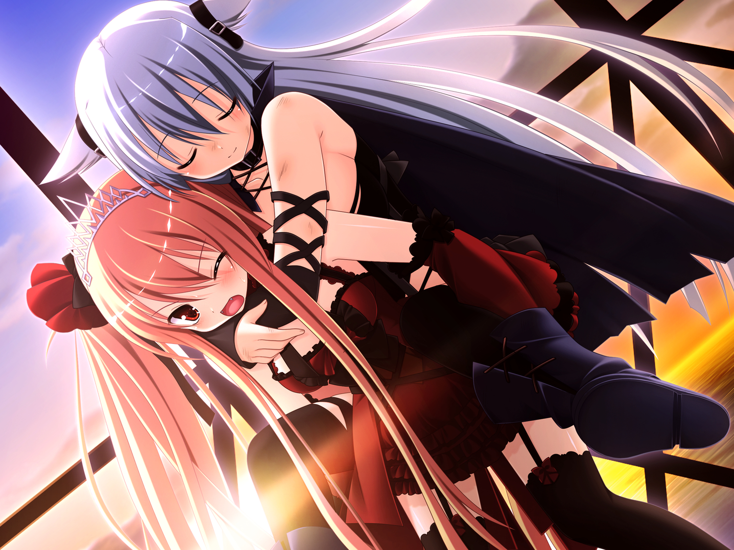 2girls, 3rd_eye, blonde_hair, bloody_rondo, game_cg, goth-loli, lolita_fashion, long_hair, luna_freed_queen, lynette_vance, makita_maki, sleeping, white_hair