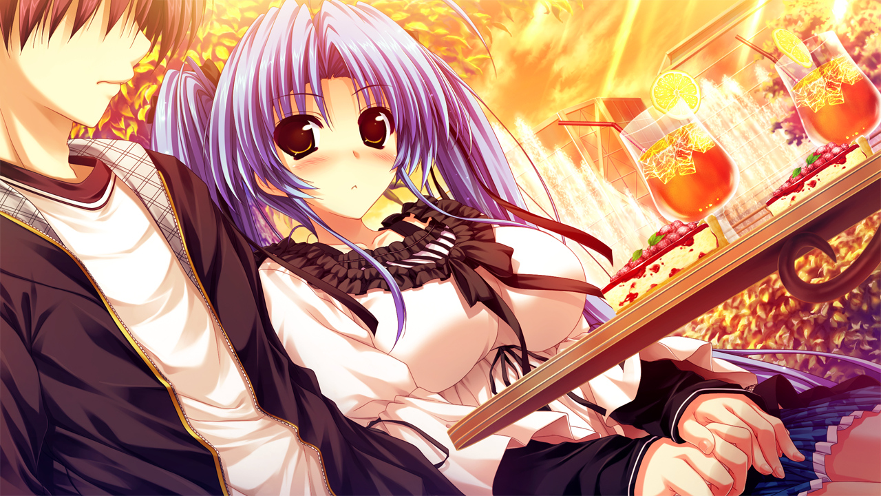 blue_hair, blush, brown_eyes, clochette, drink, game_cg, kamikaze_explorer, okihara_kotoha