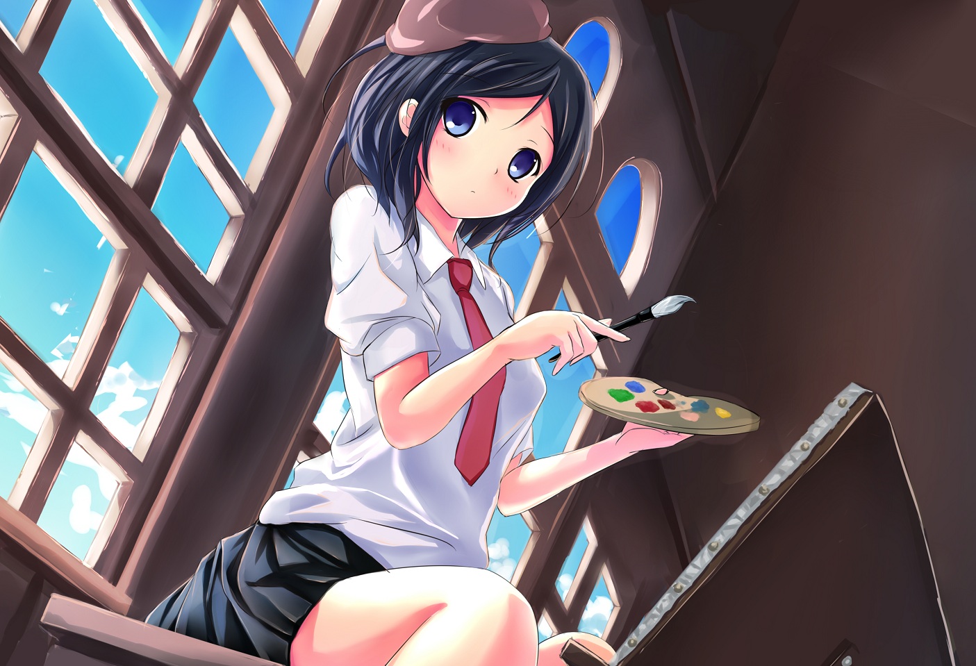 black_hair, blue_eyes, clouds, hat, hika_(hikara), original, school_uniform, short_hair