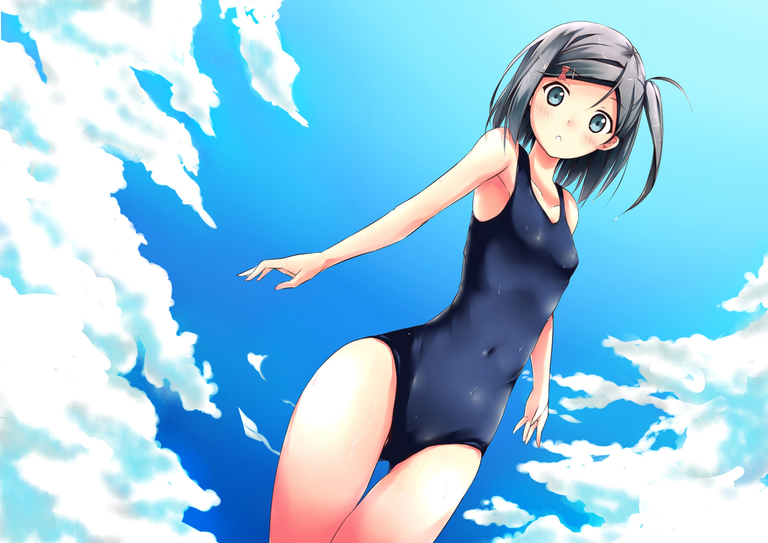 blue_eyes, blue_hair, hentai_ouji_to_warawanai_neko, hika_(hikara), ribbons, school_swimsuit, short_hair, swimsuit, tsutsukakushi_tsukiko, wet