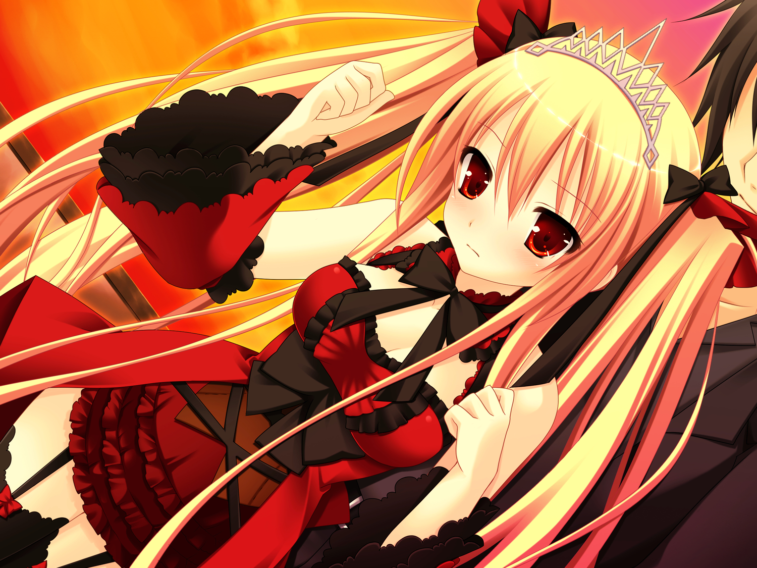 3rd_eye, blonde_hair, bloody_rondo, dress, game_cg, garter_belt, headdress, luna_freed_queen, makita_maki, red_eyes, twintails