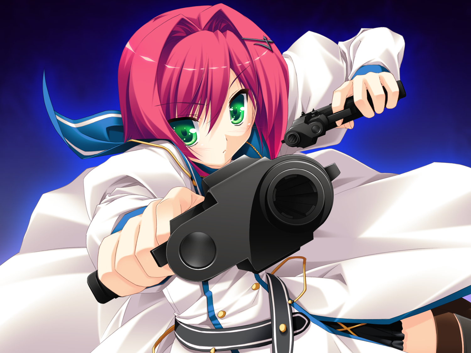 3rd_eye, bloody_rondo, game_cg, green_eyes, gun, nikaidou_rinko, red_hair, sakaki_maki, short_hair, weapon