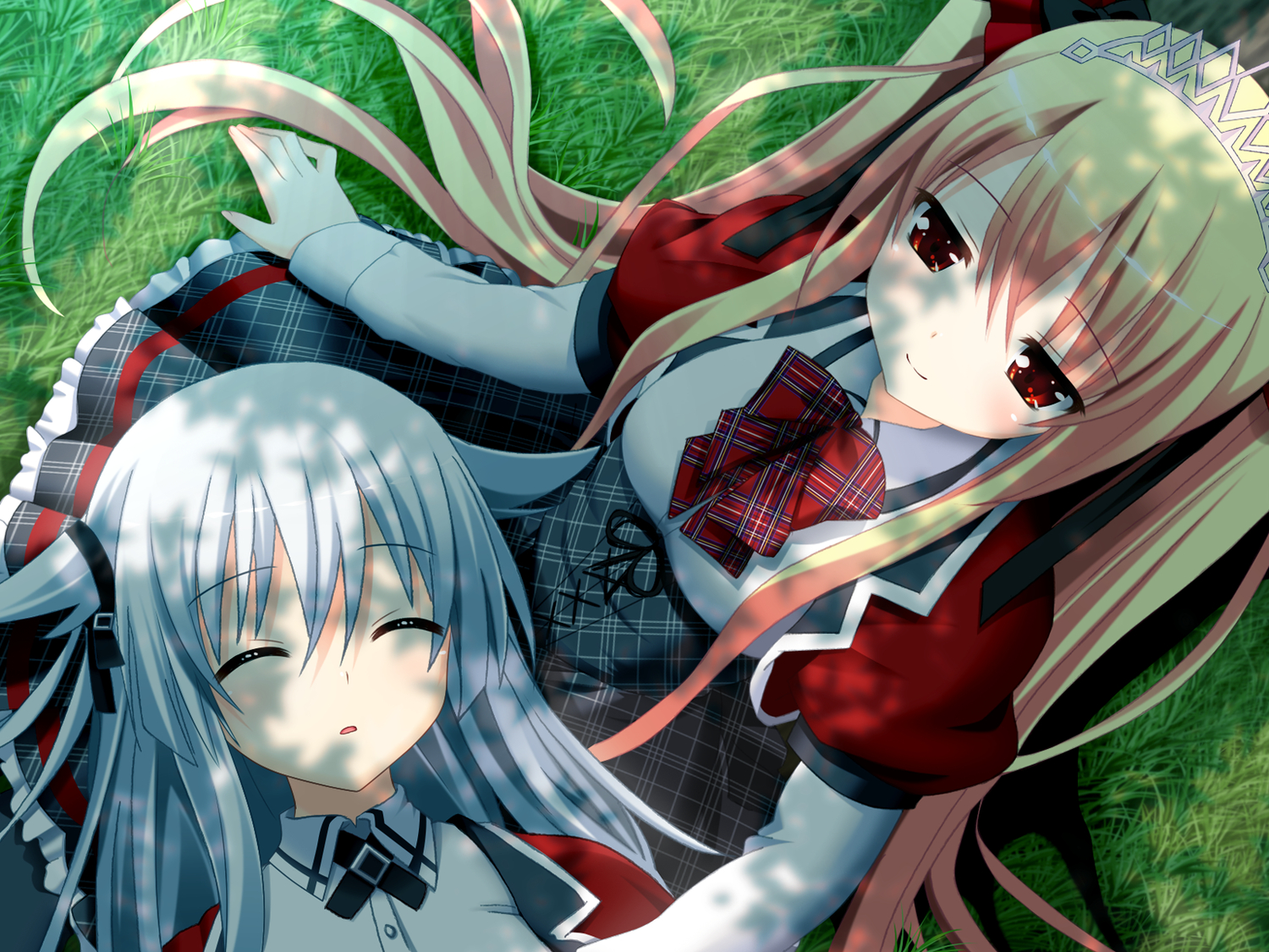 2girls, 3rd_eye, blonde_hair, bloody_rondo, game_cg, grass, headband, long_hair
