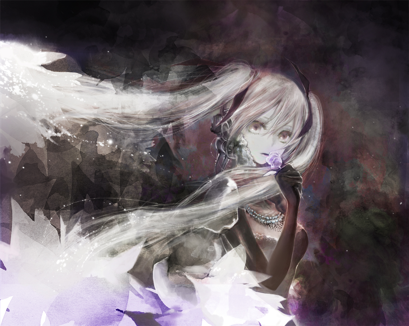dress, flowers, hatsune_miku, headphones, long_hair, monochrome, necklace, rose, twintails, vocaloid, weda_(artist)