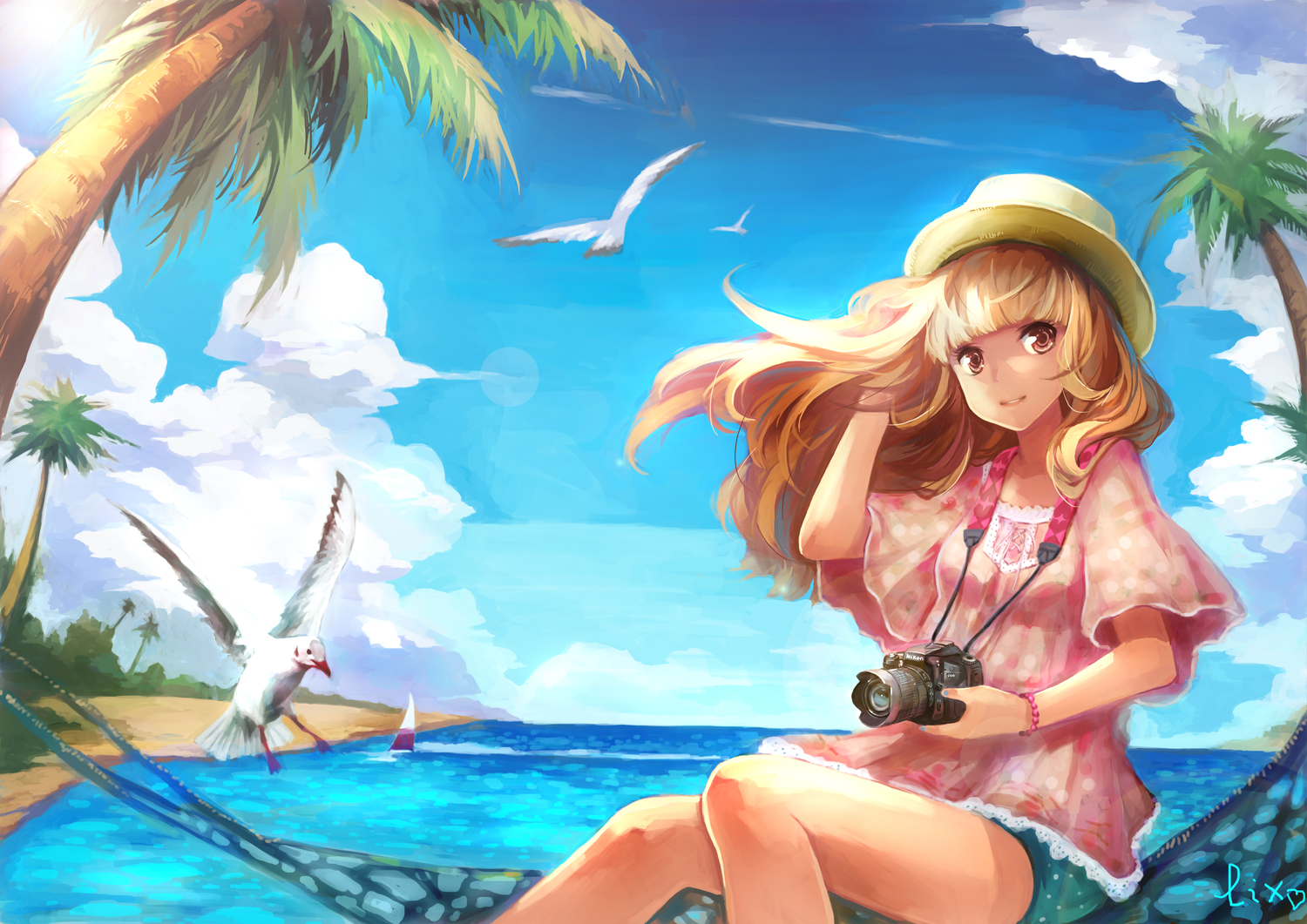 animal, beach, bird, blonde_hair, brown_eyes, camera, clouds, hat