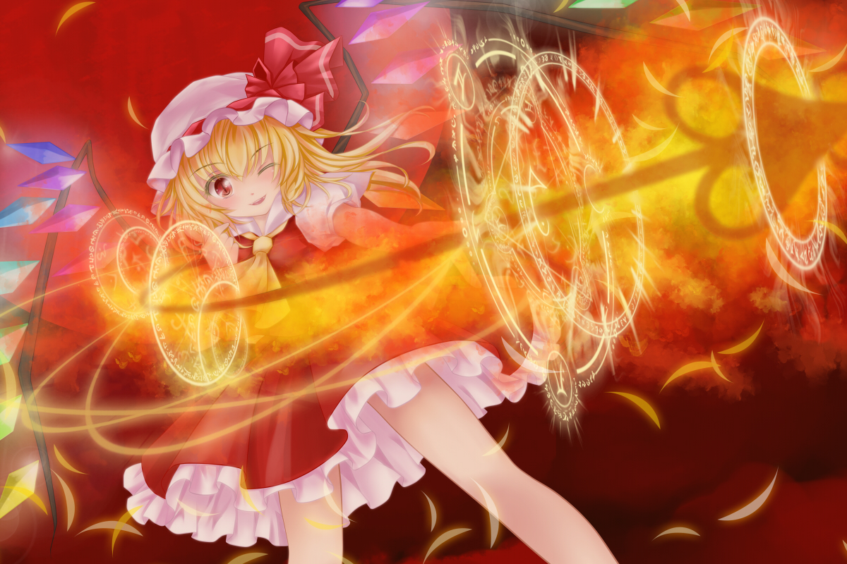 blonde_hair, dress, flandre_scarlet, hat, magic, nekokotei, red_eyes, short_hair