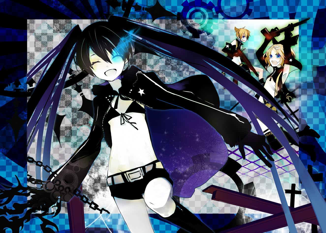 black_rock_shooter, crossover, kagamine_len, kagamine_rin, kuroi_mato, male, musou_yuchi, vocaloid