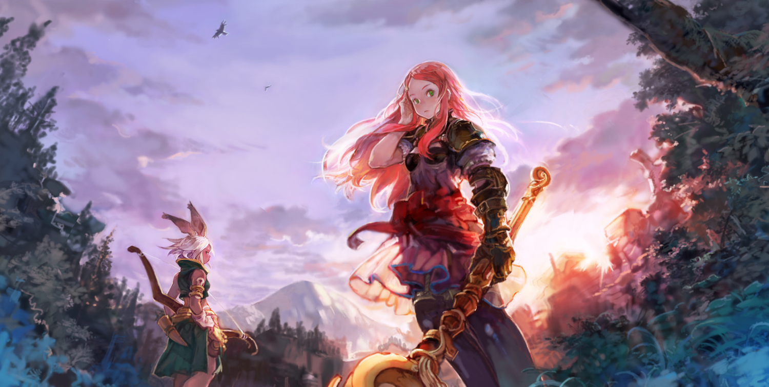 animal, animal_ears, armor, bird, bow_(weapon), bunny_ears, bunnygirl, burari, final_fantasy, final_fantasy_tactics_a, green_eyes, long_hair, red_hair, ritz_malheur, shara, sky, staff, tree, weapon
