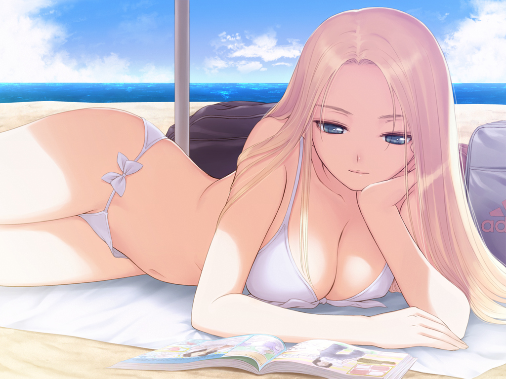 beach, bikini, blonde_hair, blue_eyes, breasts, cleavage, date_wingfield_reiko, fault, game_cg, navel, swimsuit, taka_tony