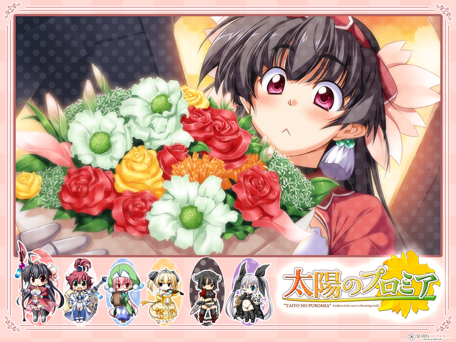 amari_na_bembe_berbel, black_hair, chibi, elegano_von_kreutzer, flarerouge_lilienthal, flowers, giselle_geraldine, kawahara_makoto