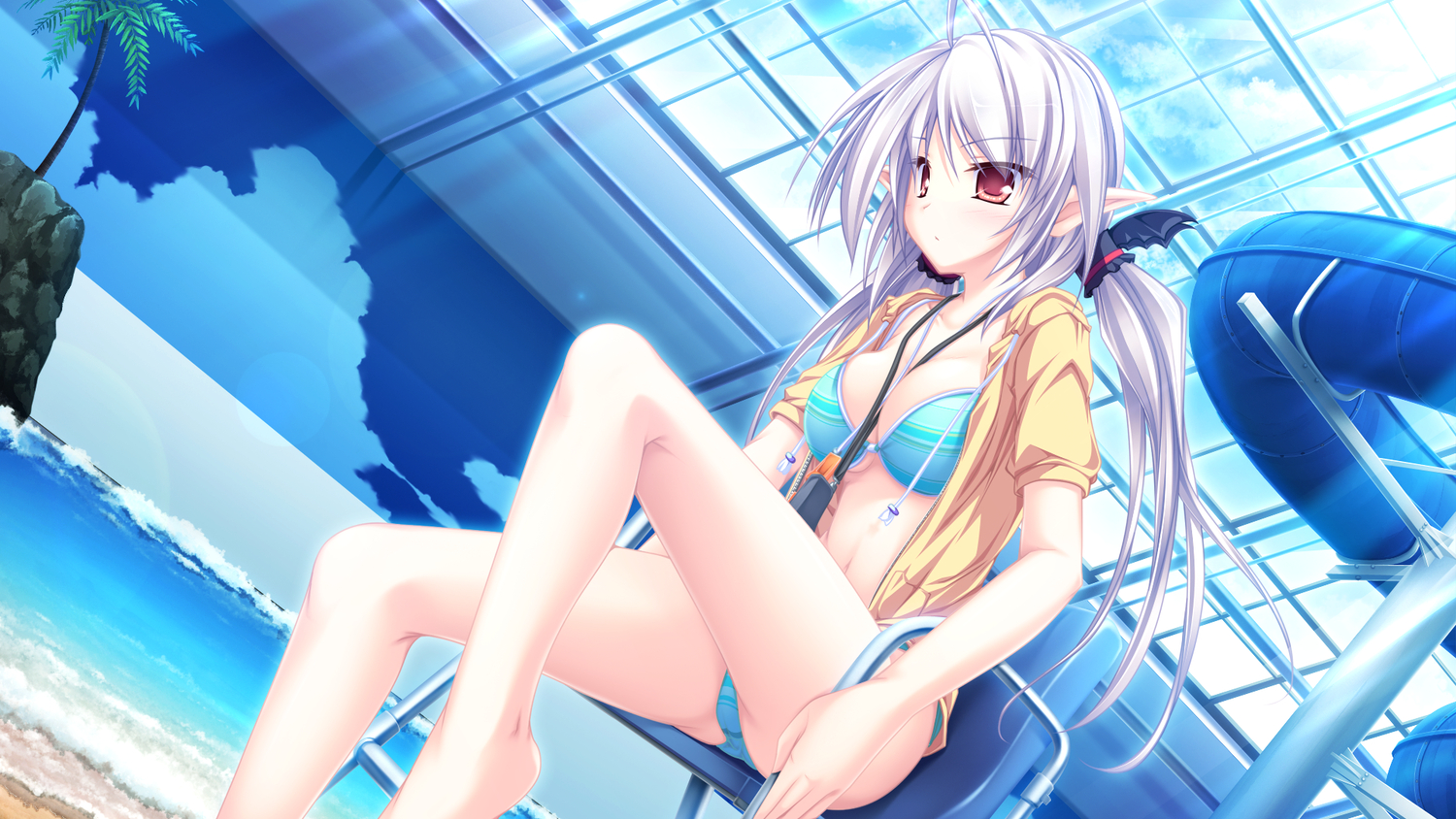beach, bikini, game_cg, gray_hair, maikaze_no_melt, pointed_ears, pool, red_eyes, suzukaze_no_melt, suzu_(suzukaze_no_melt), swimsuit, tenmaso, twintails, whirlpool