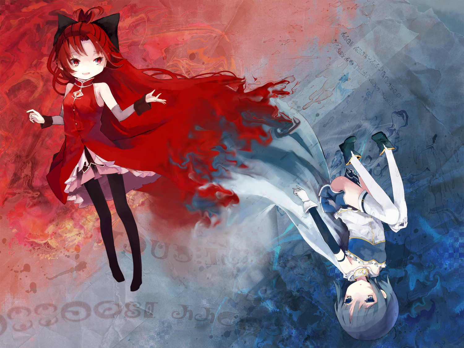 blue_eyes, blue_hair, long_hair, mahou_shoujo_madoka_magica, miki_sayaka, red_eyes, red_hair, sakura_kyouko