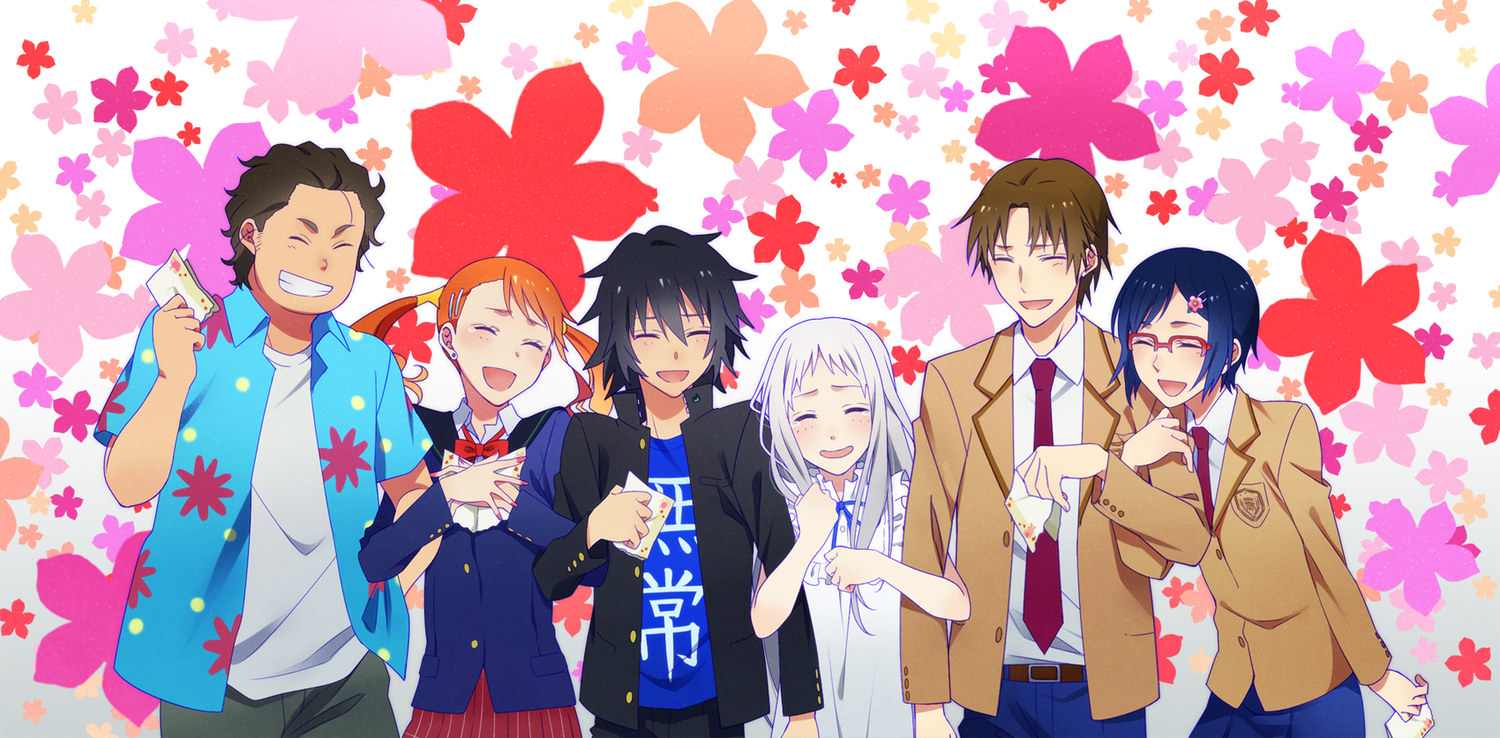 anjou_naruko, ano_hi_mita_hana_no_namae_wo_bokutachi_wa_mada_shiranai, black_hair, blush, bow, brown_hair, glasses, group