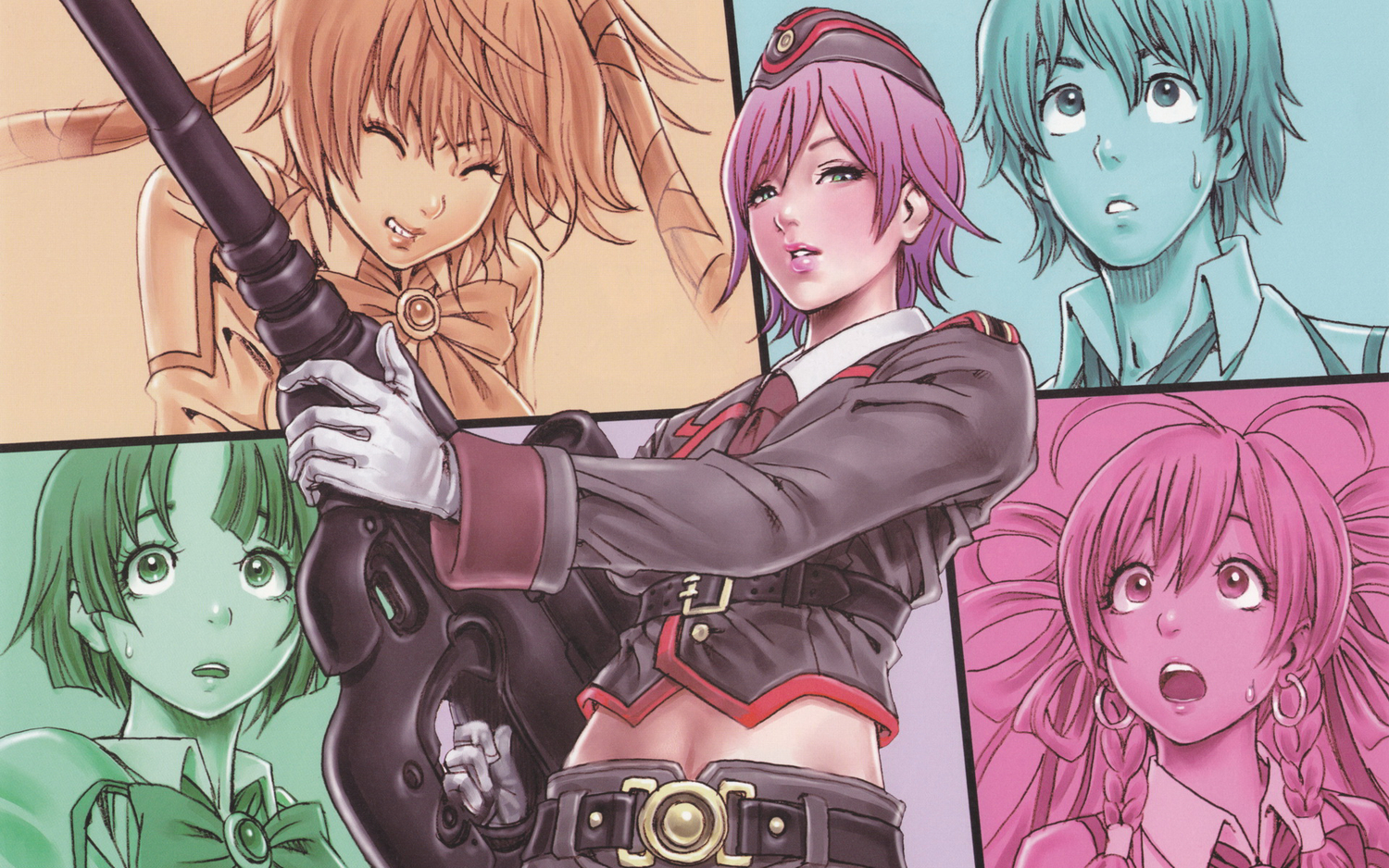 gloves, green_eyes, group, gun, hat, liu_meifeng, mishiro_akatsuki, mizuchi_towako, moriya_mahiro, nida_schuetlitch, pink_hair, short_hair, shuraki, uniform, weapon, yamashita_shunya