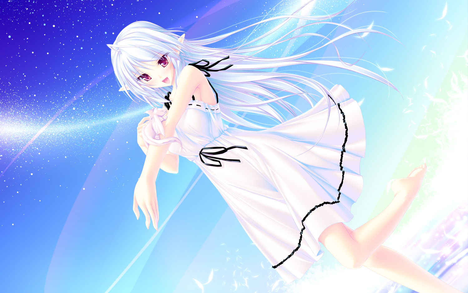 animal, dress, long_hair, maikaze_no_melt, pointed_ears, red_eyes, ribbons, sky
