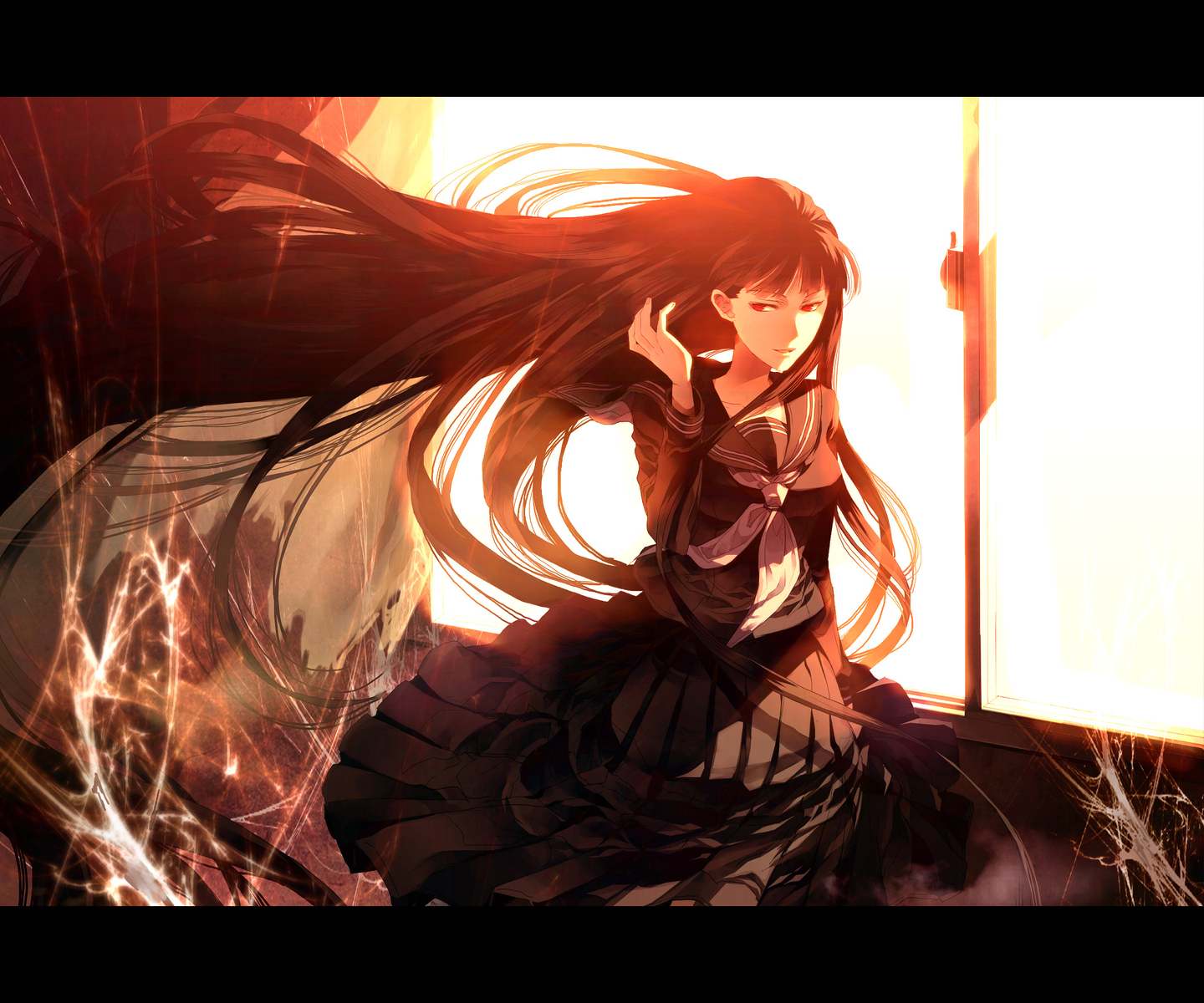 atlach-nacha, black_hair, hirasaka_hatsune, long_hair, red_eyes, school_uniform, sunakumo, sunset