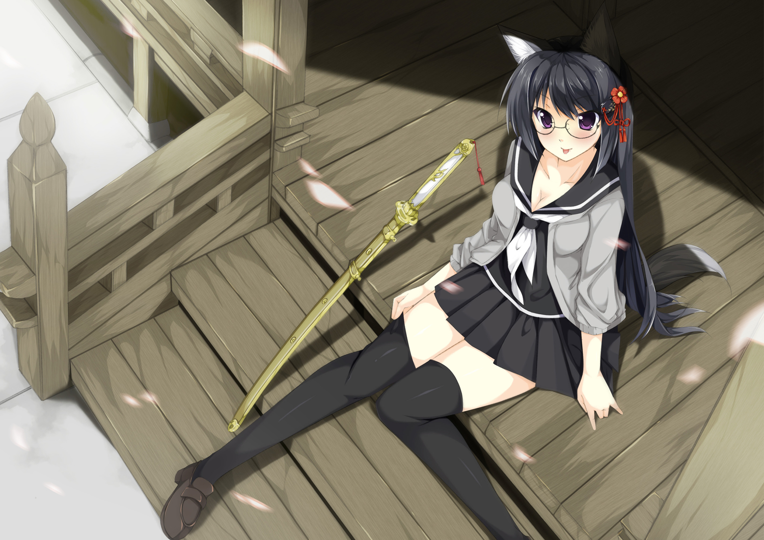 animal_ears, black_hair, breasts, cleavage, glasses, katana, long_hair, matatabi_haru, purple_eyes, school_uniform, sword, tail, thighhighs, weapon, wolfgirl