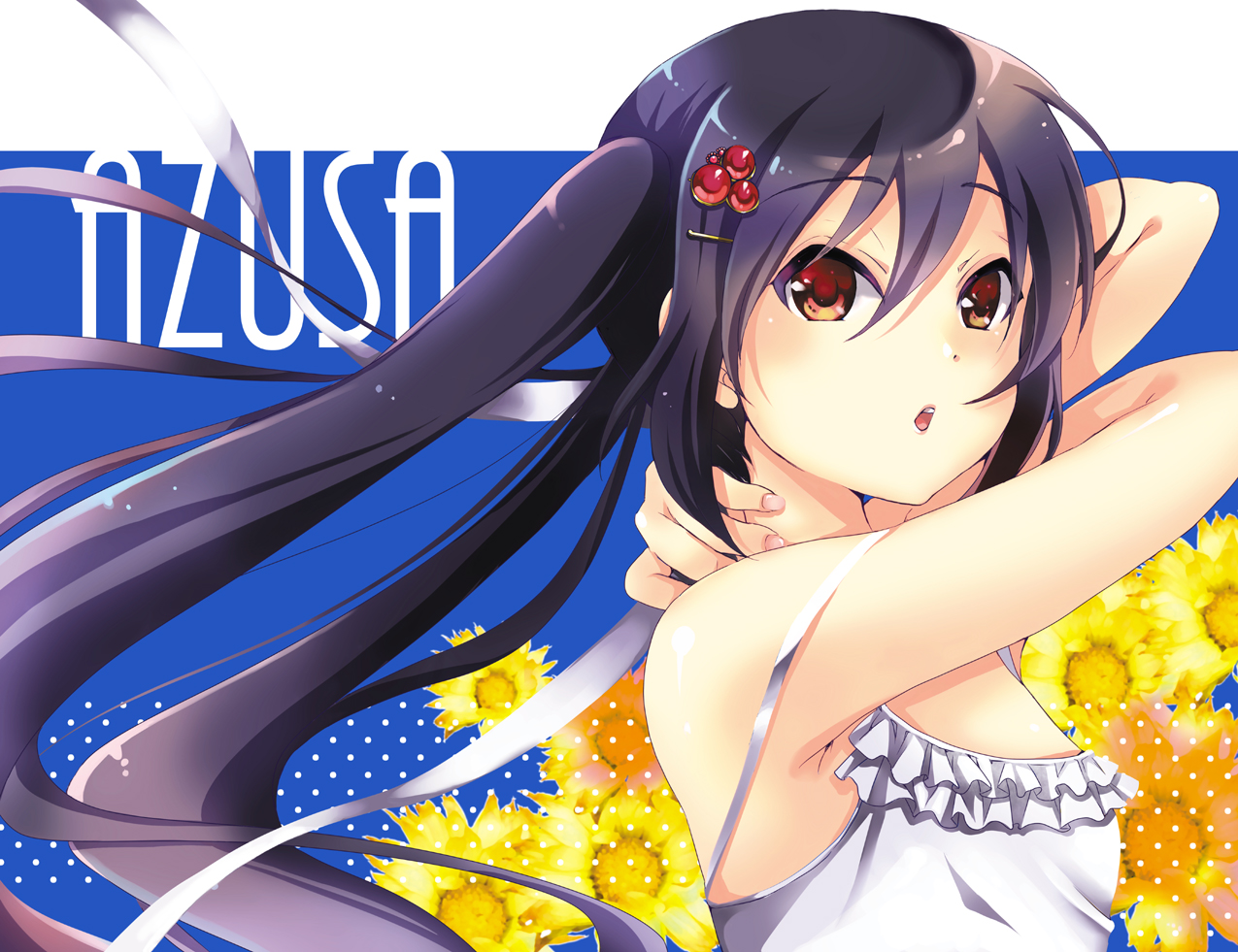 black_hair, blush, brown_eyes, dress, flowers, gouda_nagi, k-on!, long_hair, nakano_azusa, summer_dress, sunflower, twintails