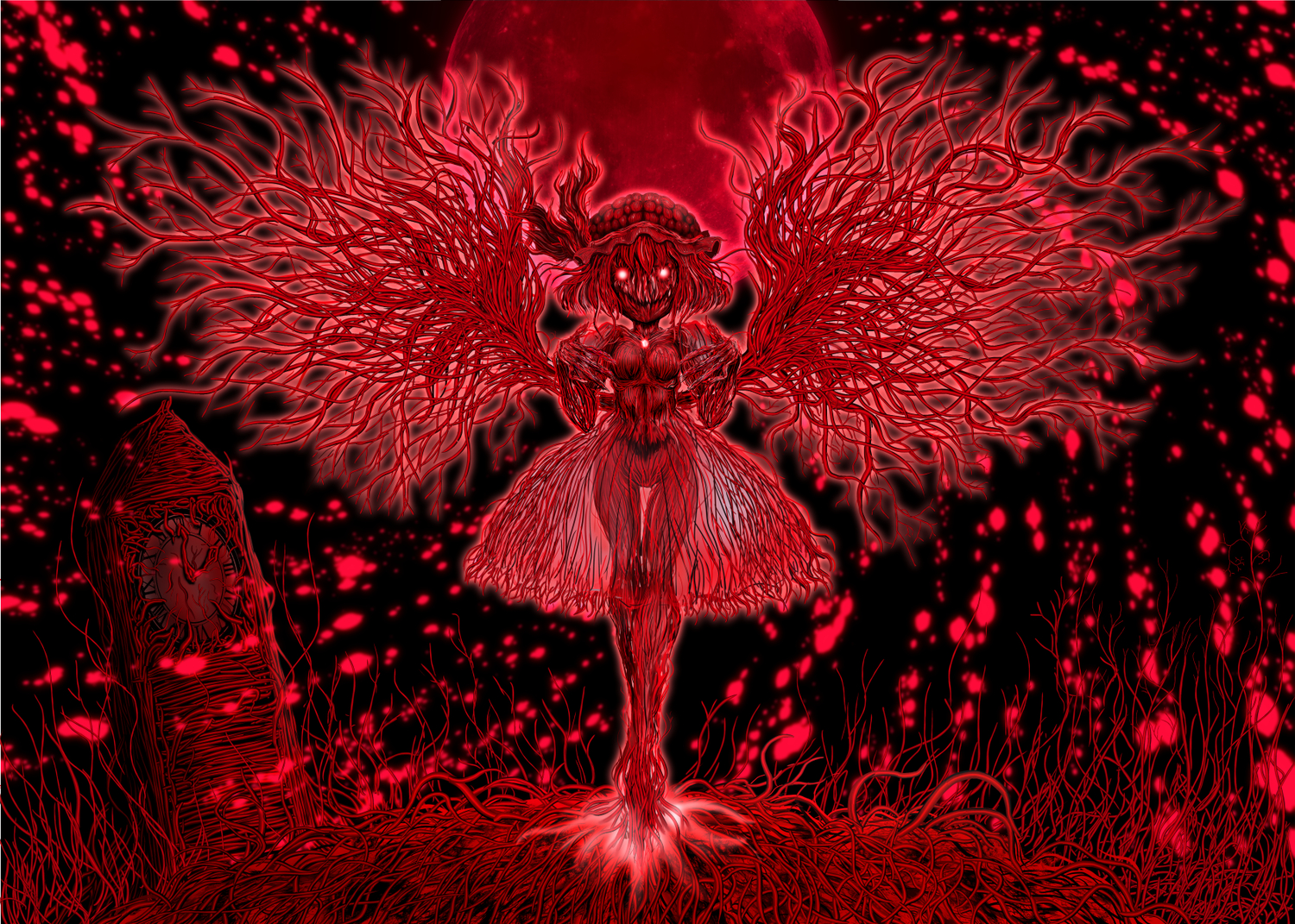 blood, hat, madara_inosuke, moon, red, red_eyes, remilia_scarlet, tentacles, touhou, vampire, wings