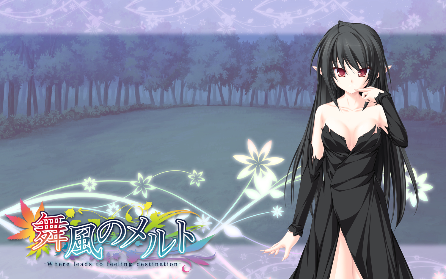 black_hair, fuu_(suzukaze_no_melt), long_hair, maikaze_no_melt, no_bra, nopan, pointed_ears, red_eyes