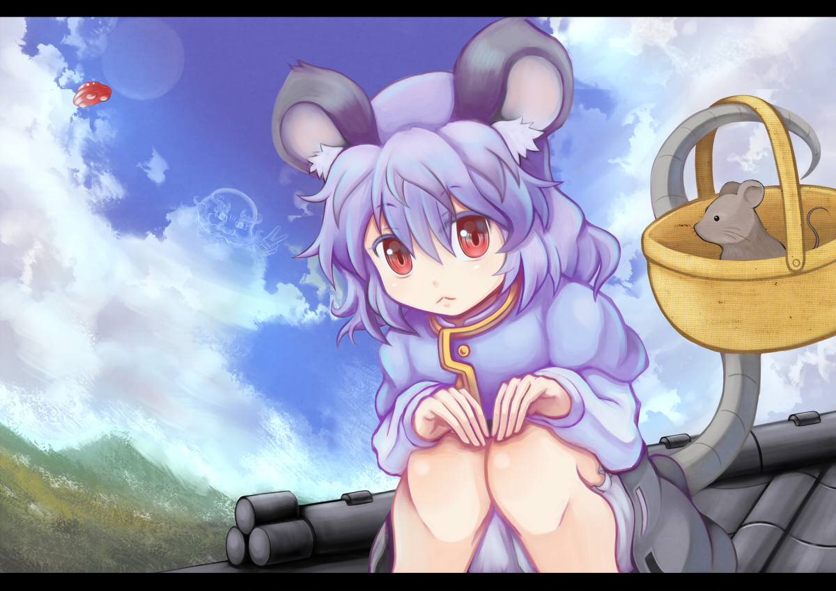 animal, animal_ears, blue_hair, clouds, long_hair, mouse, mousegirl, nazrin, qontamblue, red_eyes, sky, tail, touhou, unzan