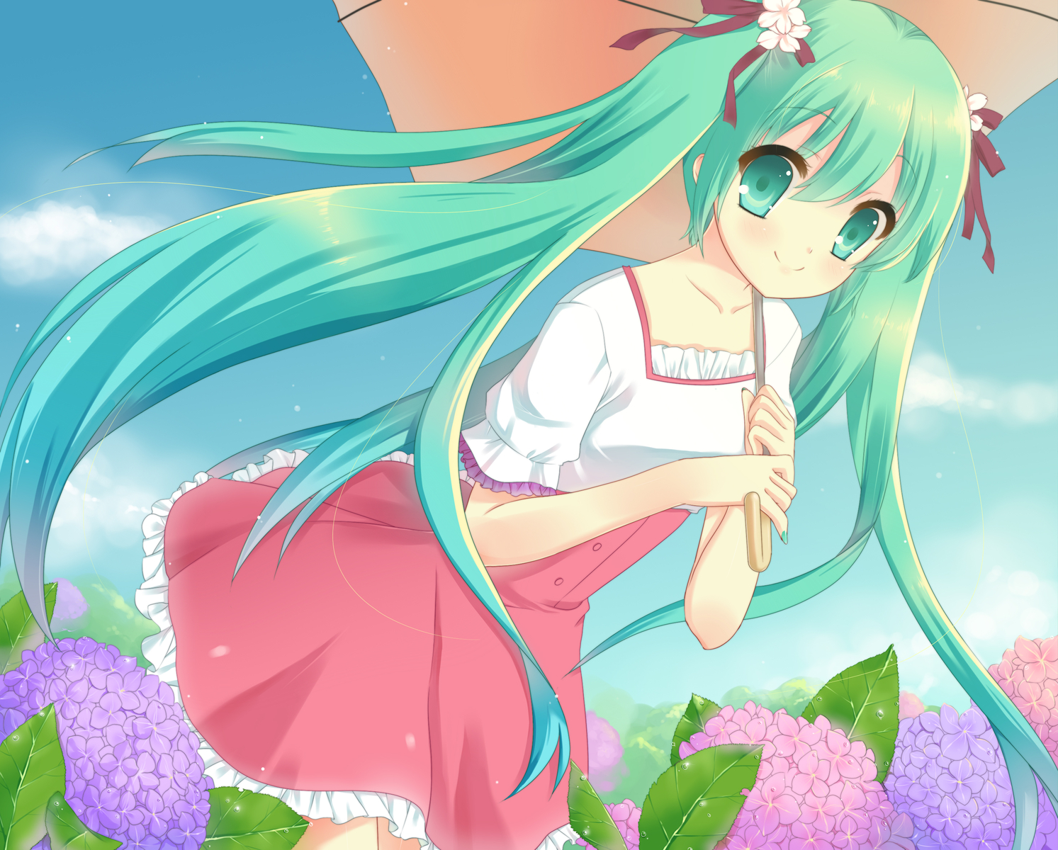 dress, flowers, green_eyes, green_hair, hatsune_miku, long_hair, melt_(vocaloid), p0ckylo
