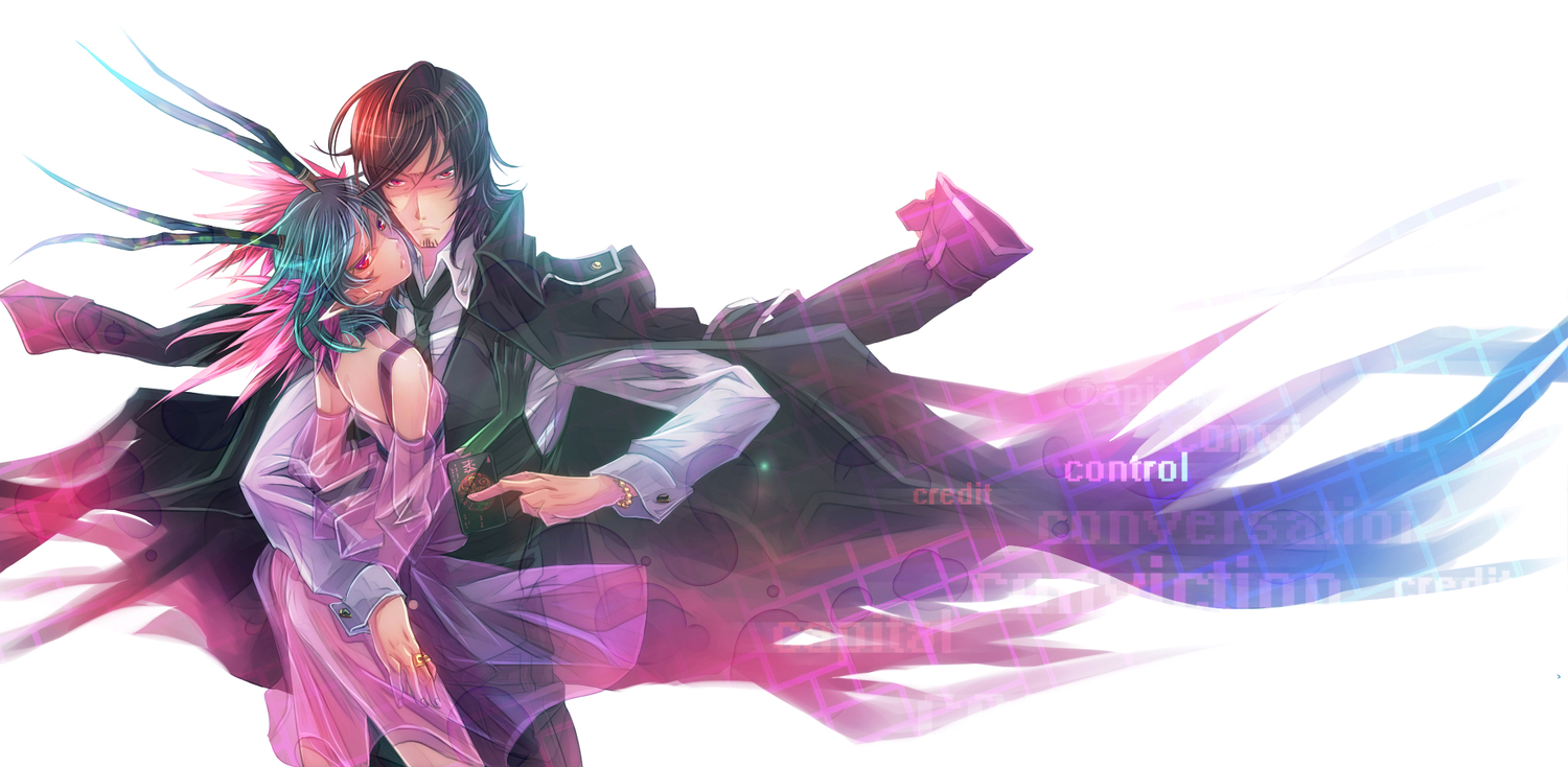 aqua_hair, black_hair, c_(control), male, mikuni_souichirou, pointed_ears, q_(control), red_eyes
